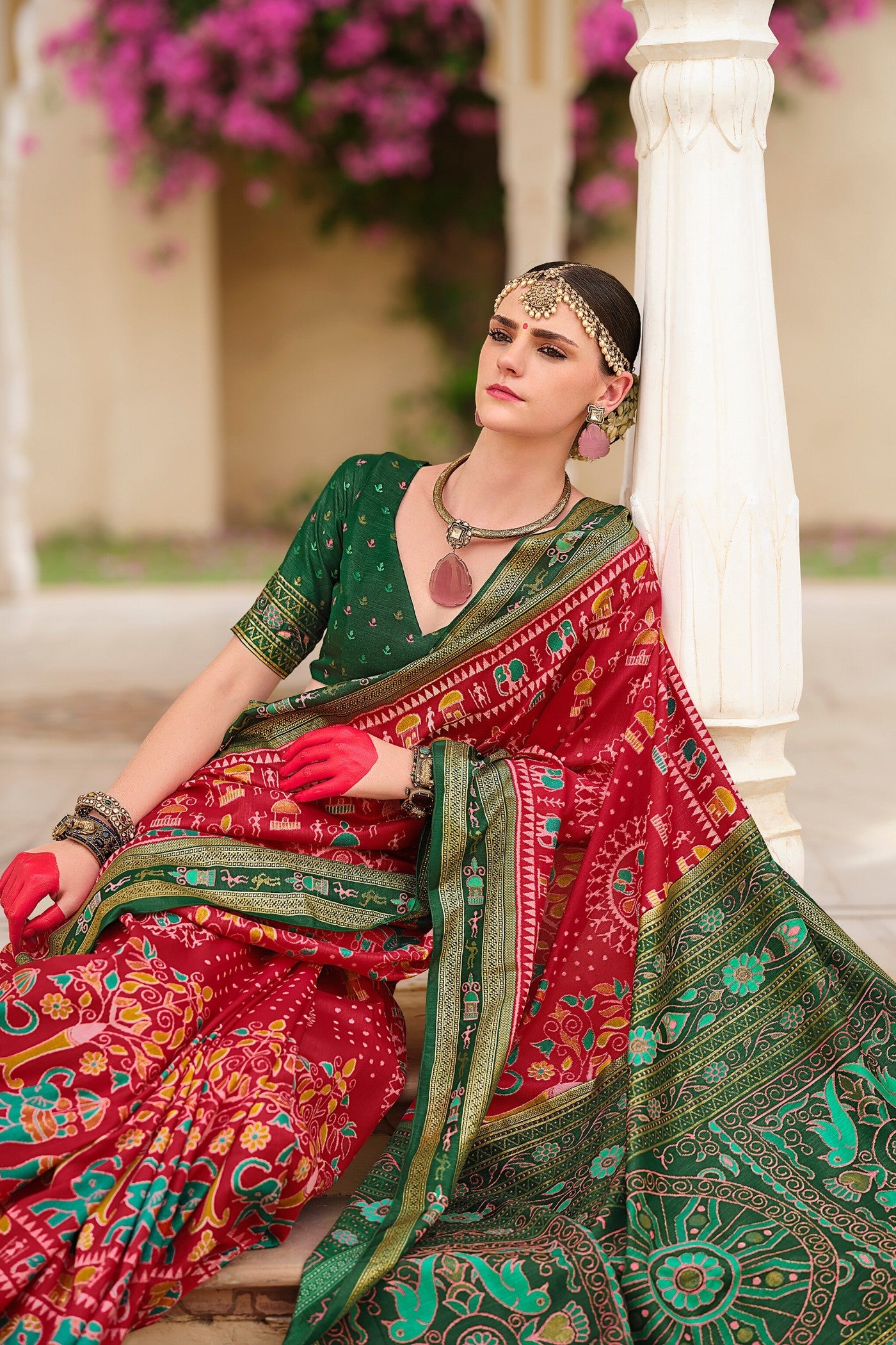 Chilly Red and Green Printed Patola Saree