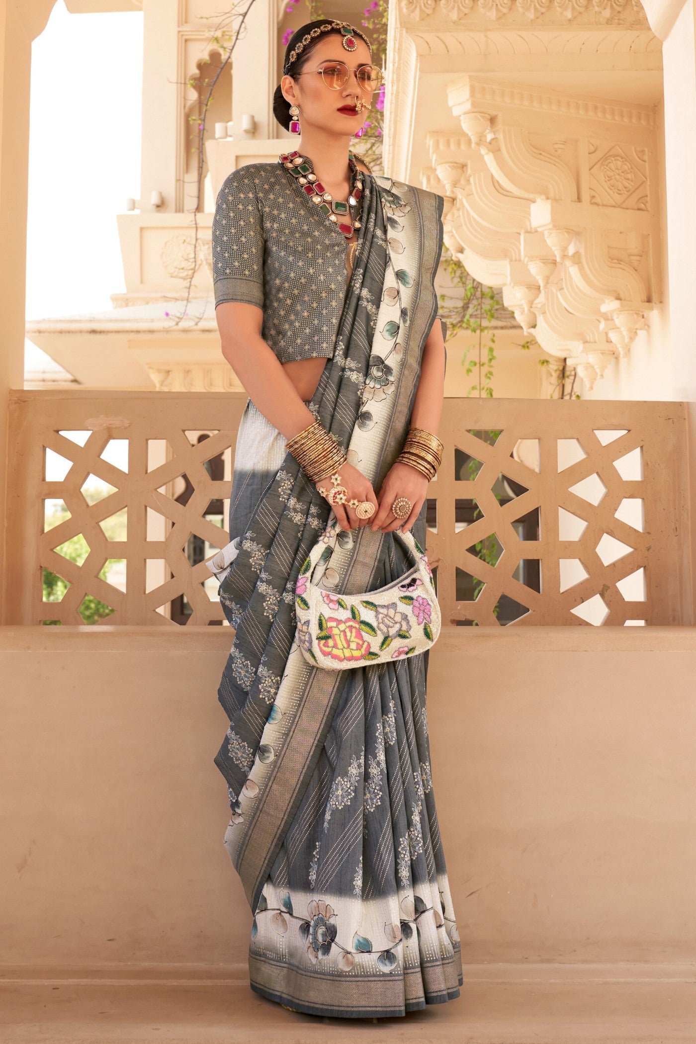 Ironside Grey Floral Printed Banarasi Saree