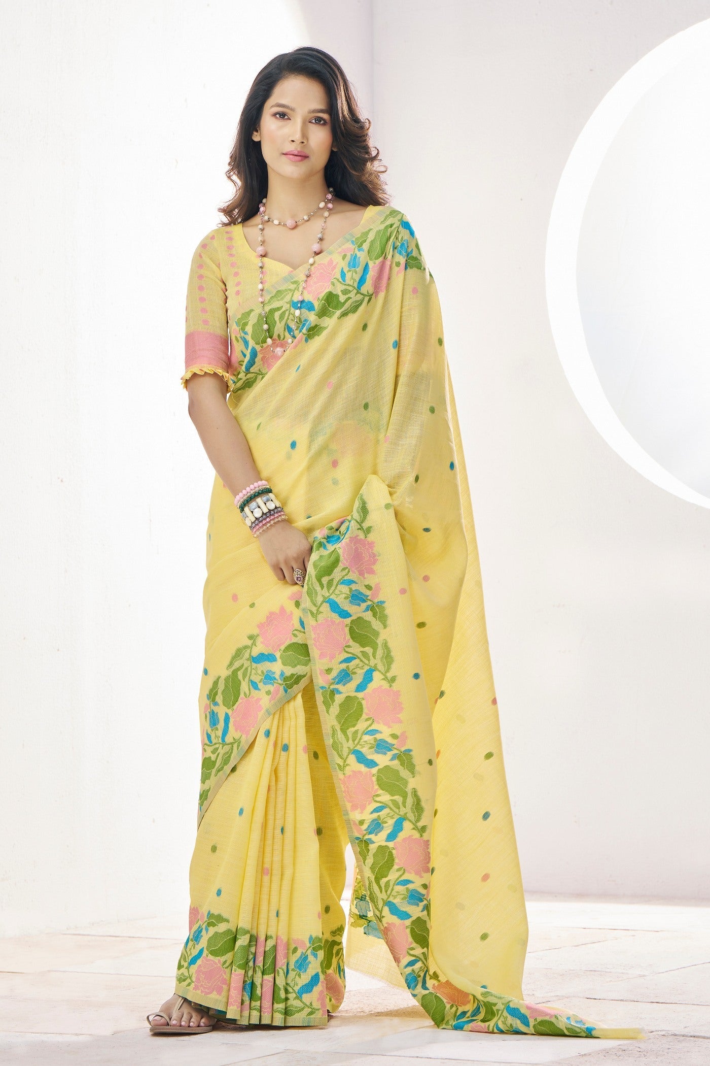 Putty Yellow Printed Linen Saree