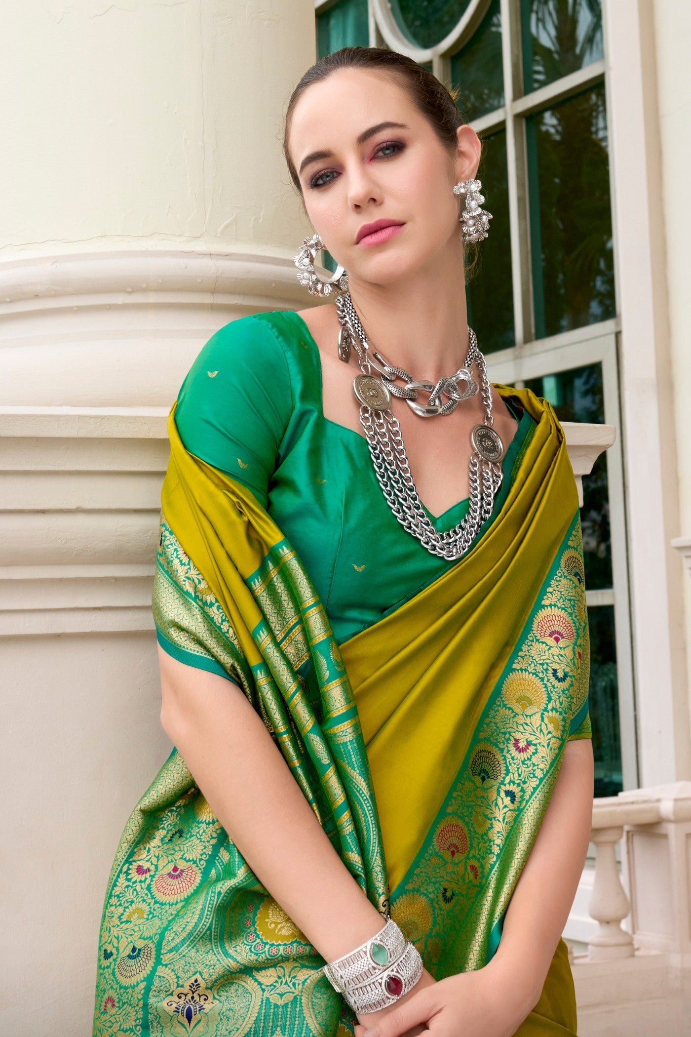 Galliano Green Woven Banarasi Soft Silk Saree