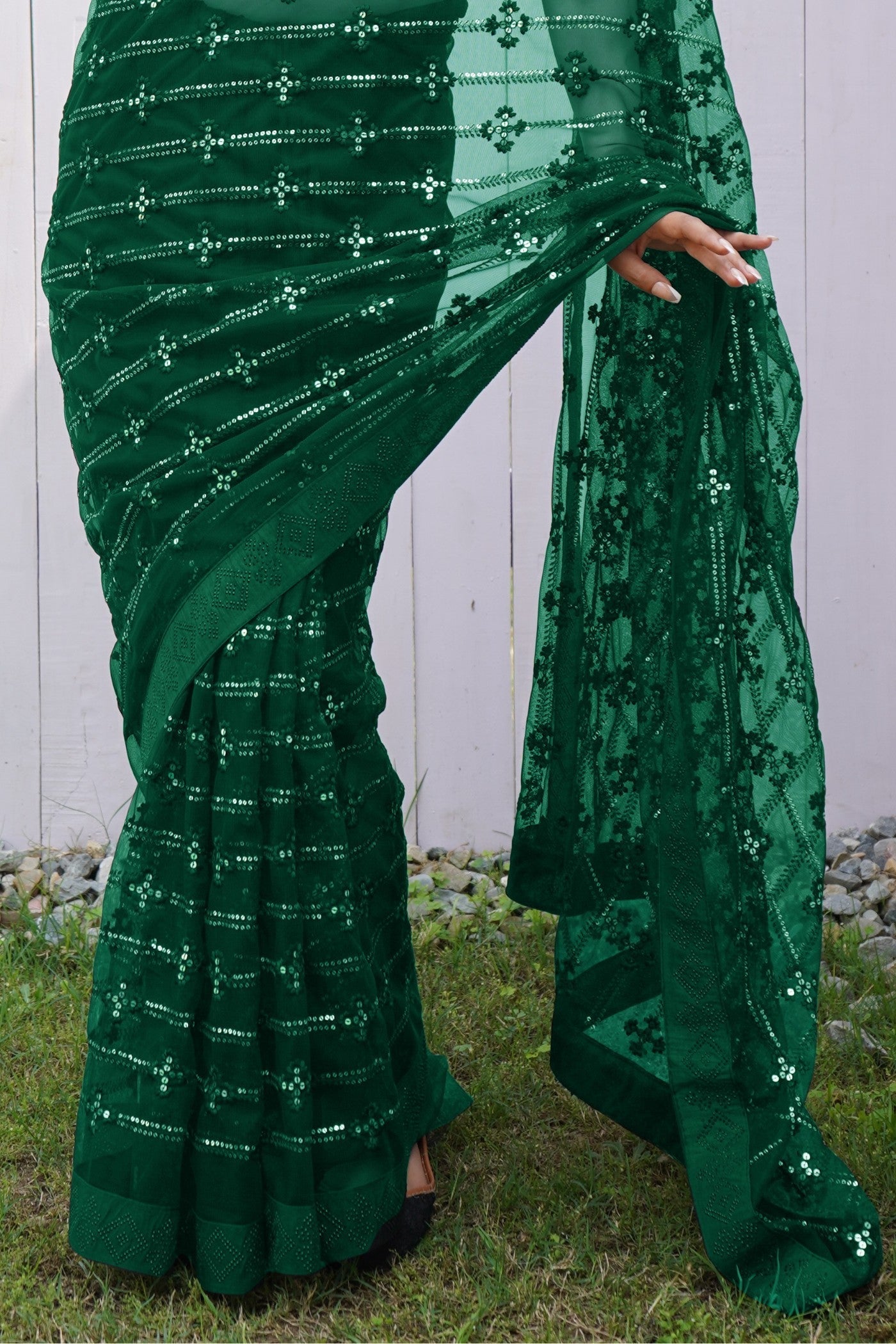 Dark Jugle Green Embroidered Partywear Saree