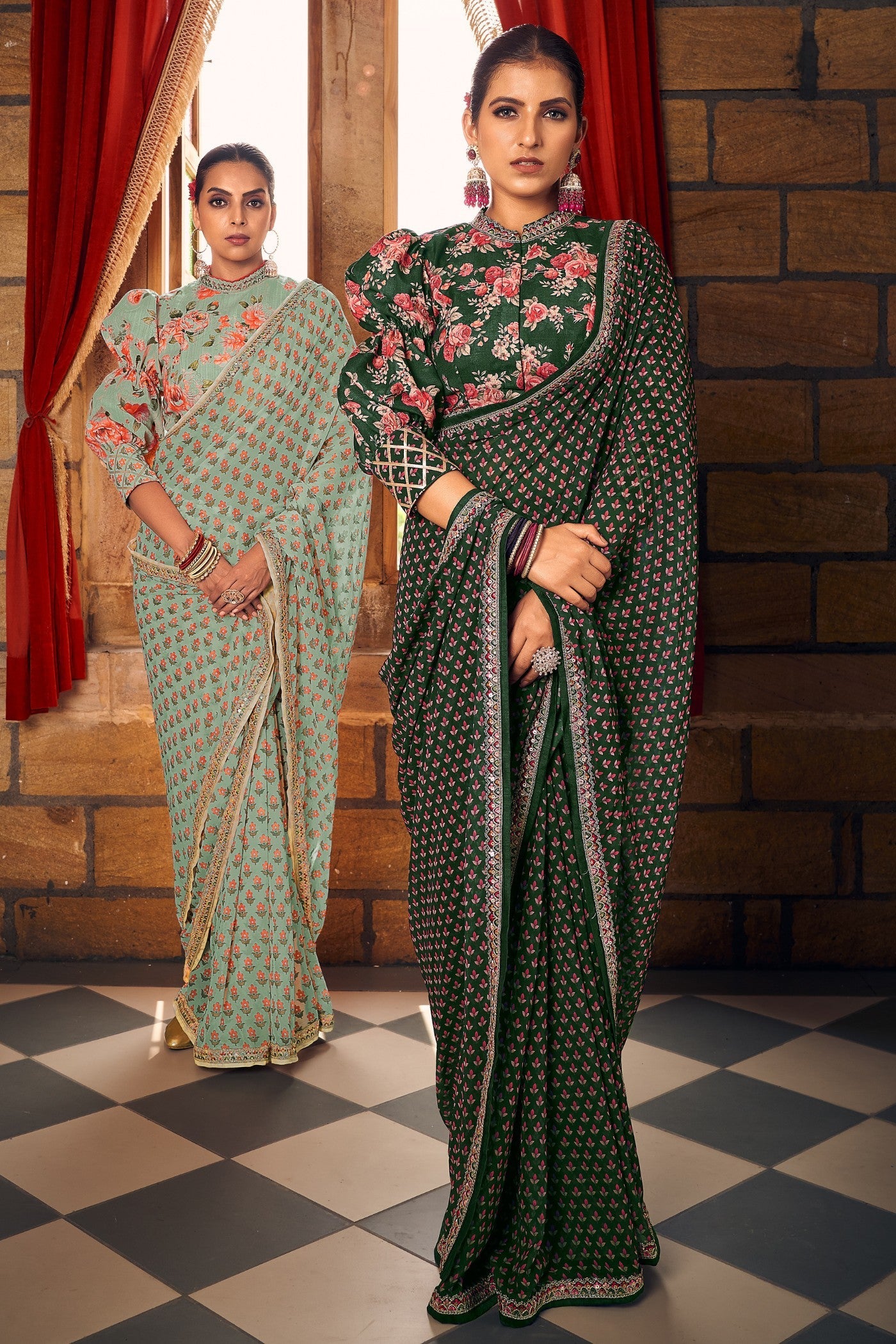 Dark Leaf Green Georgette Digital Printed Saree