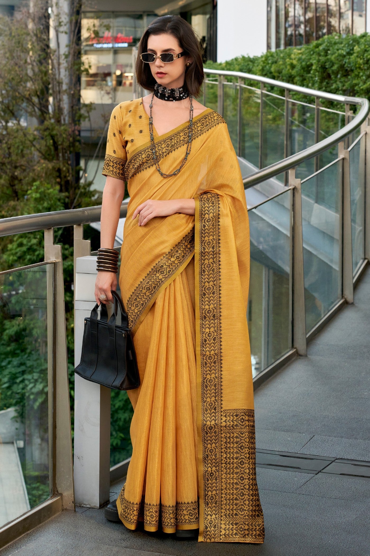 Cadmium Yellow Linen Tissue Silk Saree