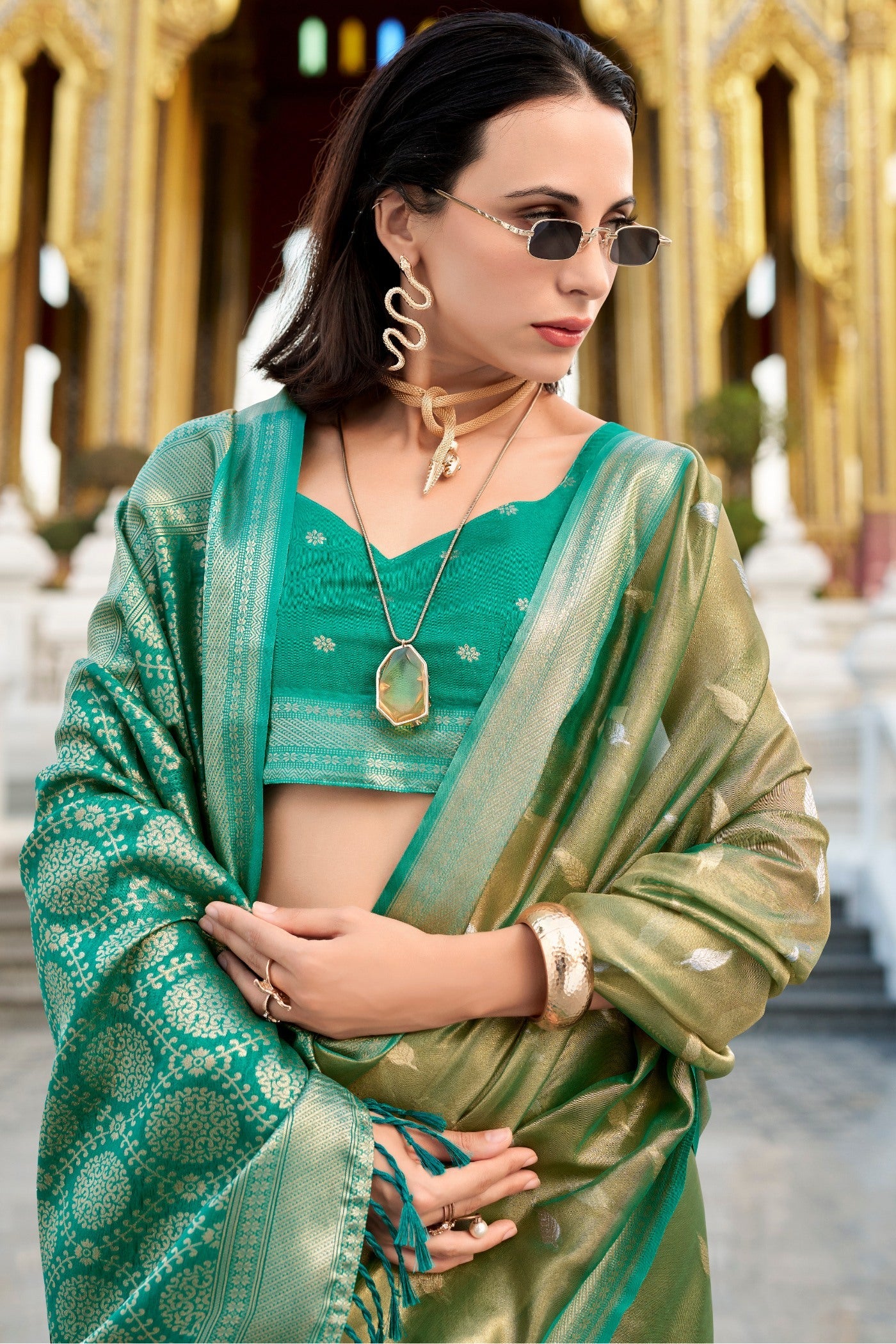 Sapling Green Tissue Silk Saree