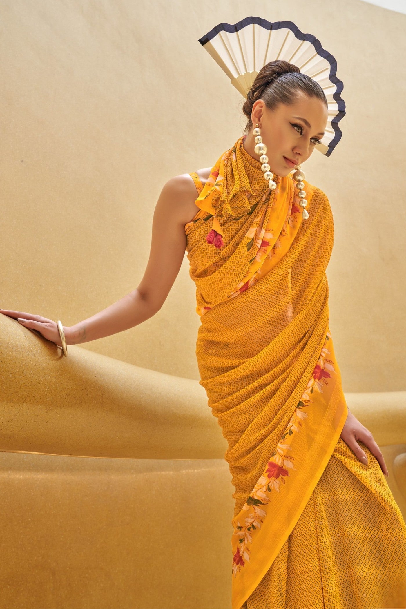 Tulip Yellow Georgette Printed Saree