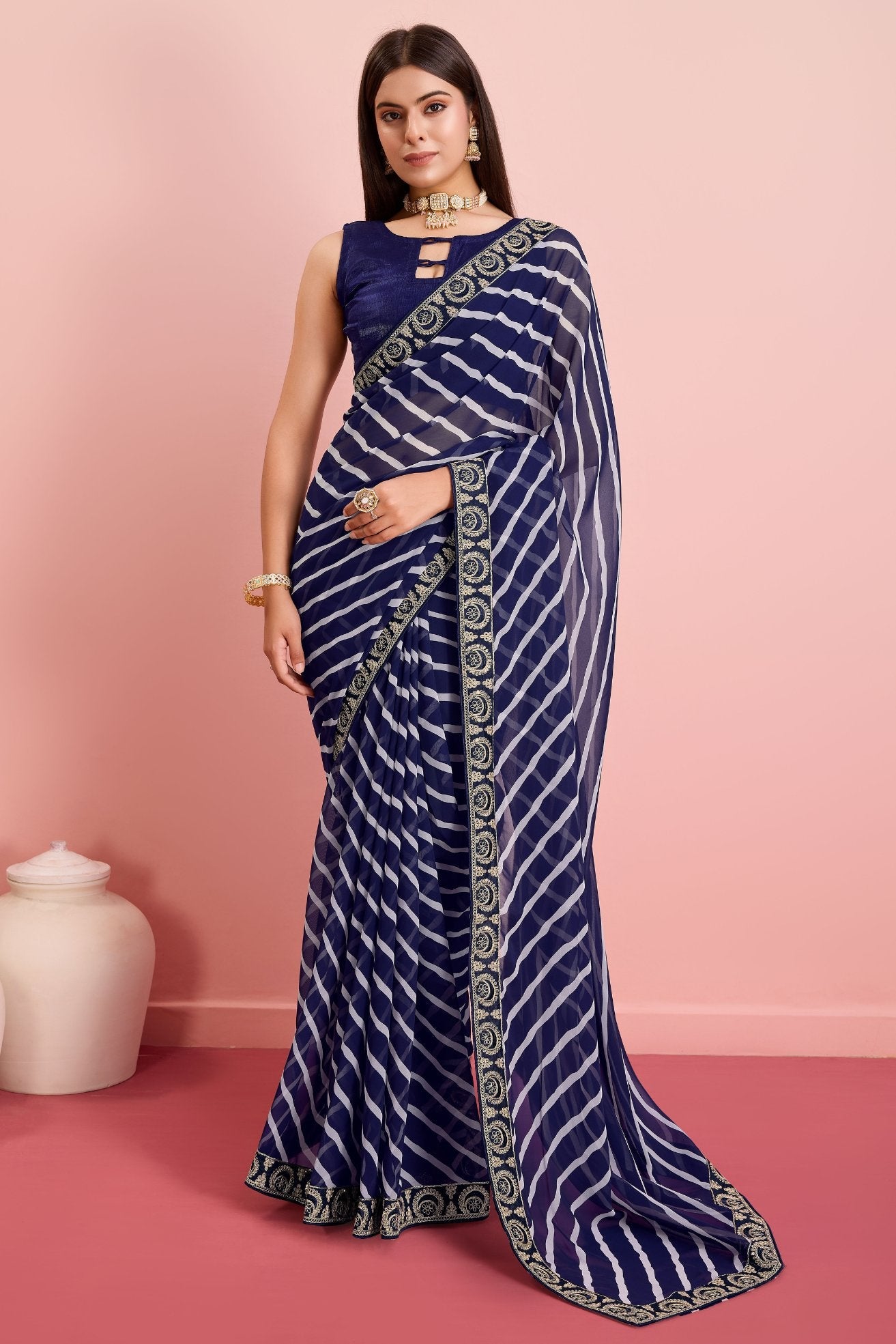 Port Gore Blue Georgette Lehriya Silk saree