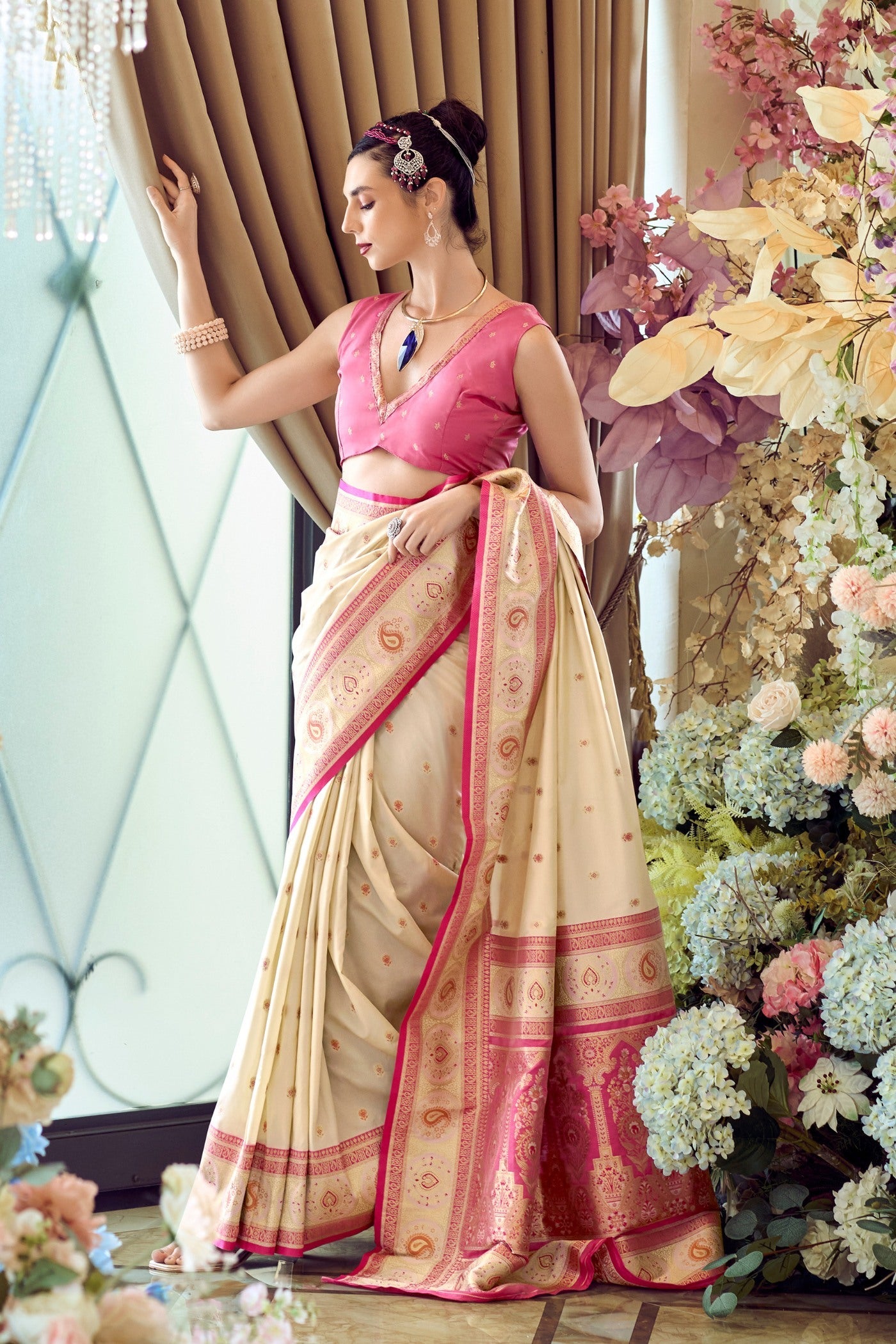 Brandy Cream Woven Banarasi Soft Silk Saree