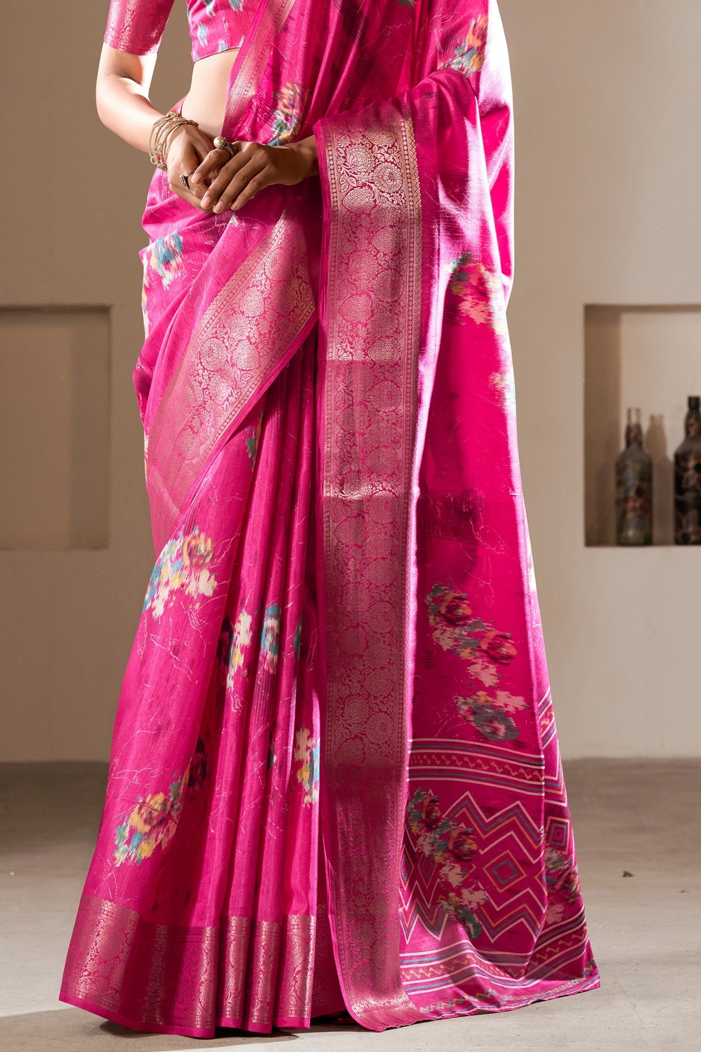 Cherry Pink Printed Soft Dola Silk Saree