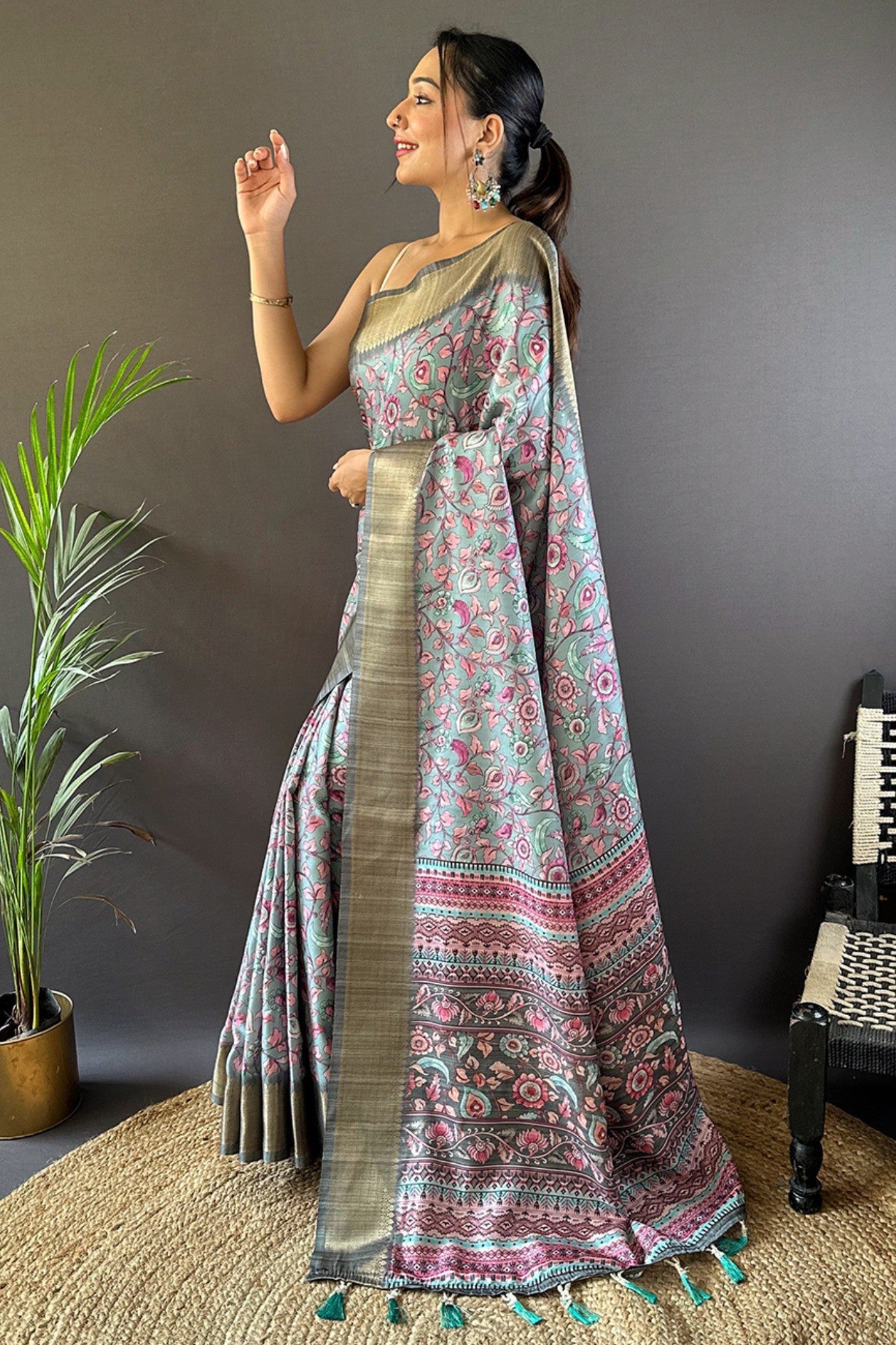 Stone Grey Printed Tussar Silk Saree