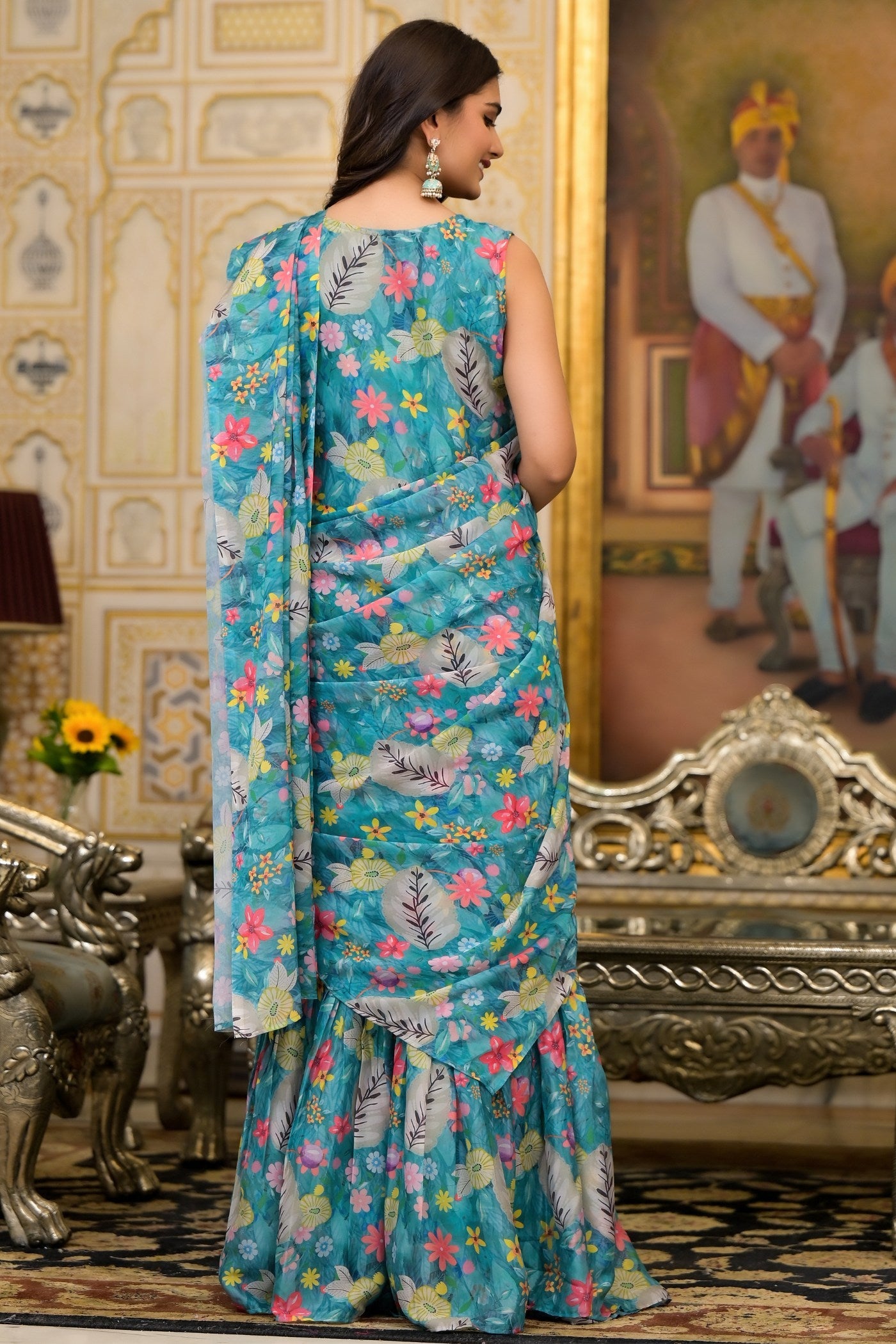 Water Blue Ready To Wear Gown Style Georgette Saree