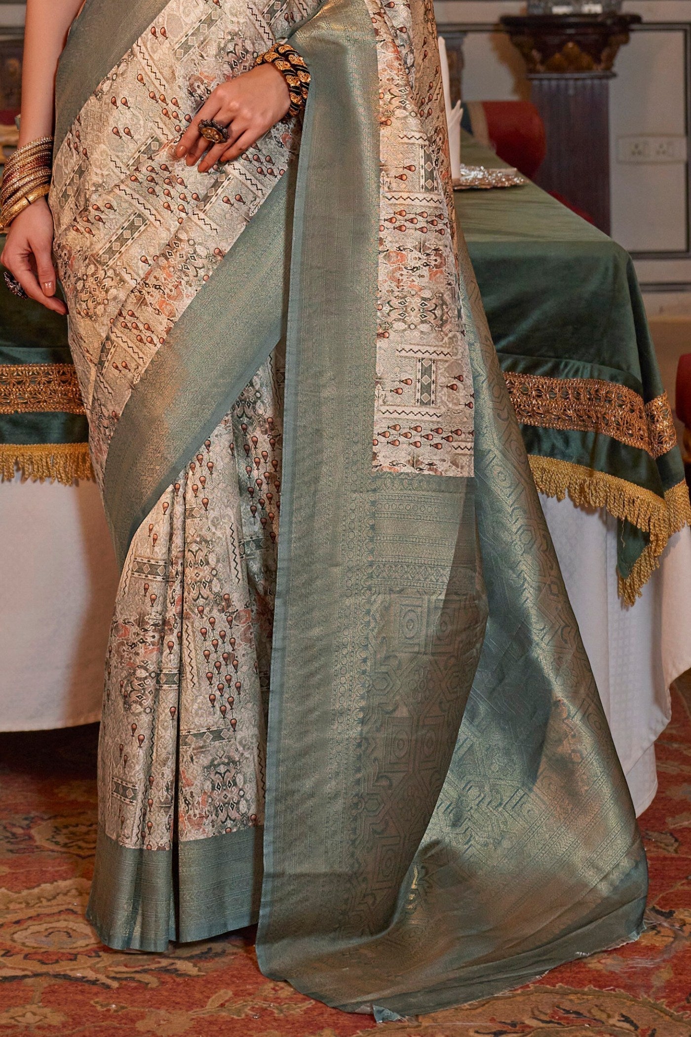 Locust Cream and Green Banarasi Digital Printed Saree