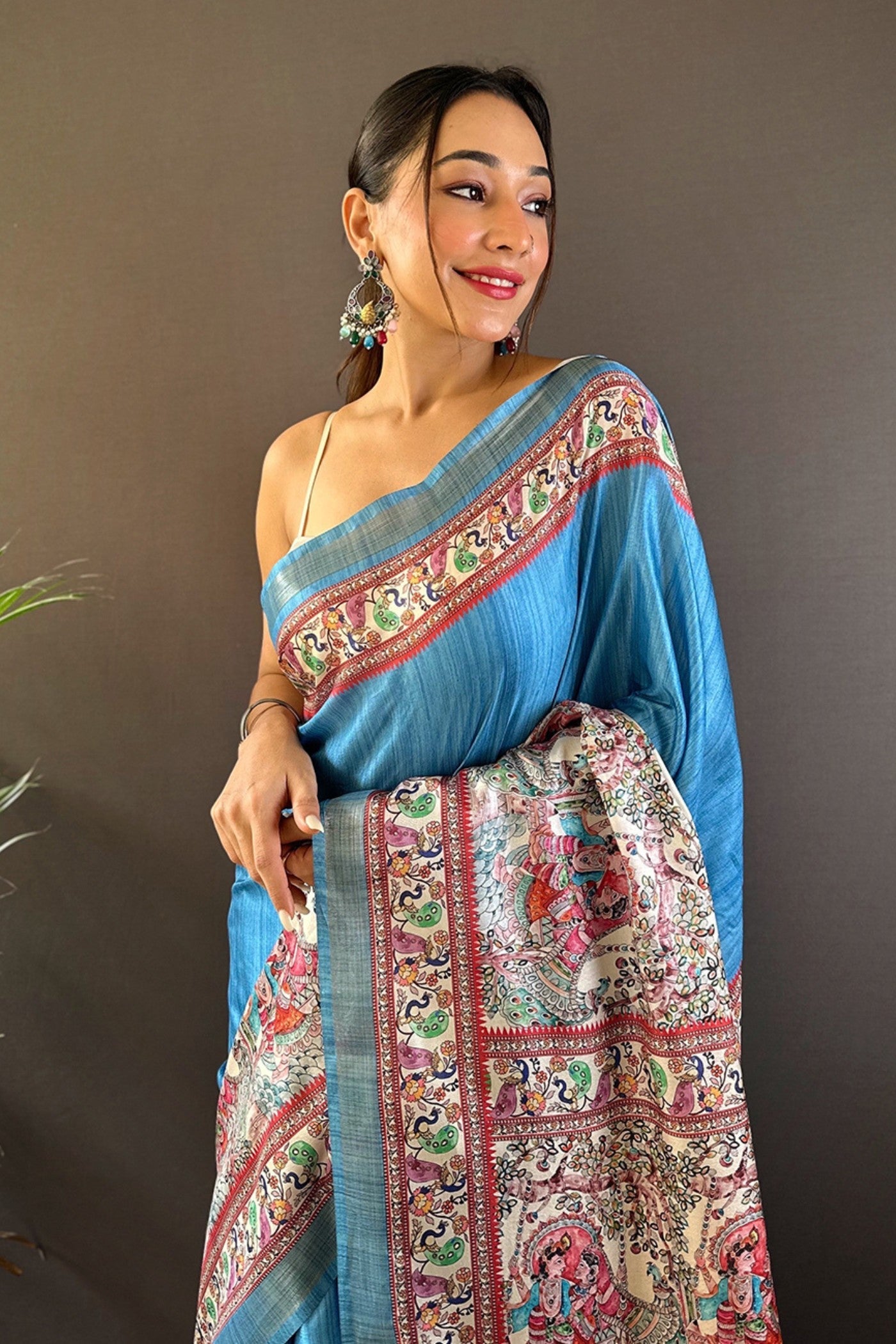 Picton Blue Madhubani Printed Tussar Silk Saree