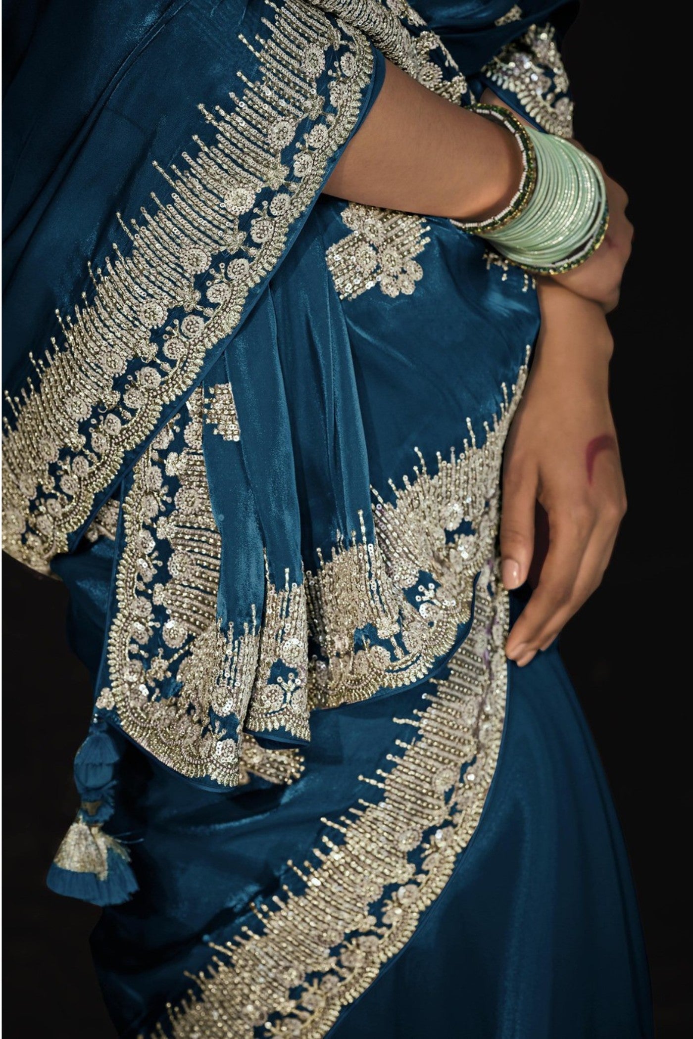 Neon Blue Tissue Embroidered Designer Saree