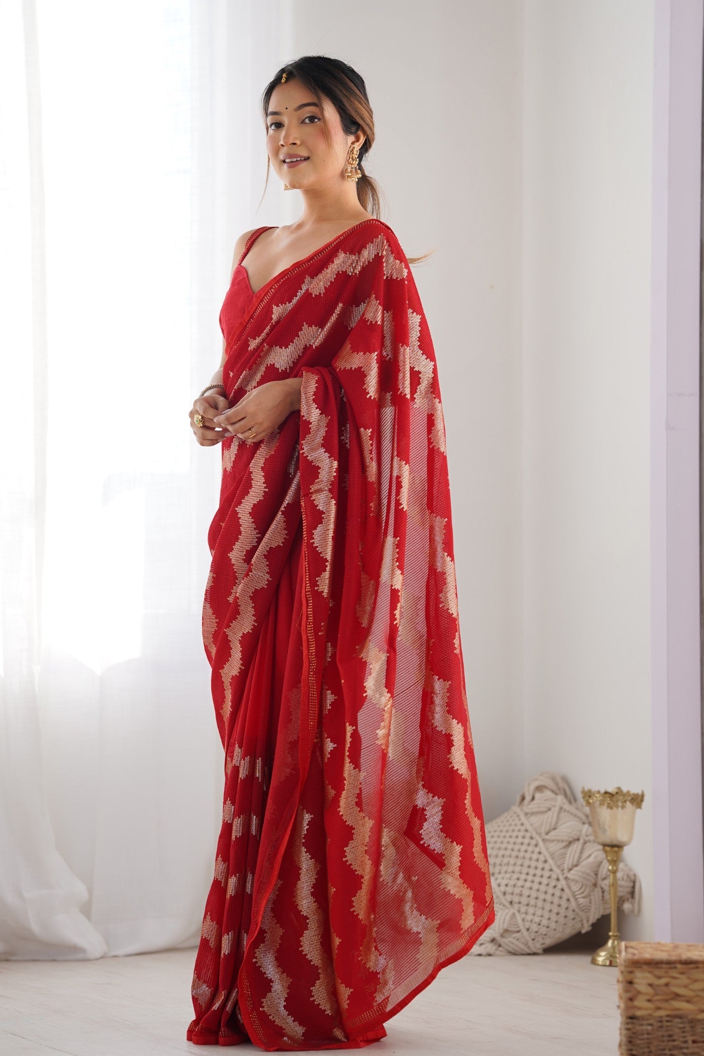 Rose Red Embroidered Partywear Saree