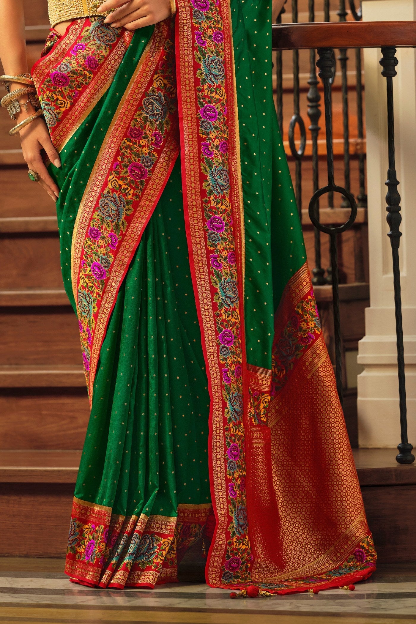 Bottle Green Printed Banarasi Saree