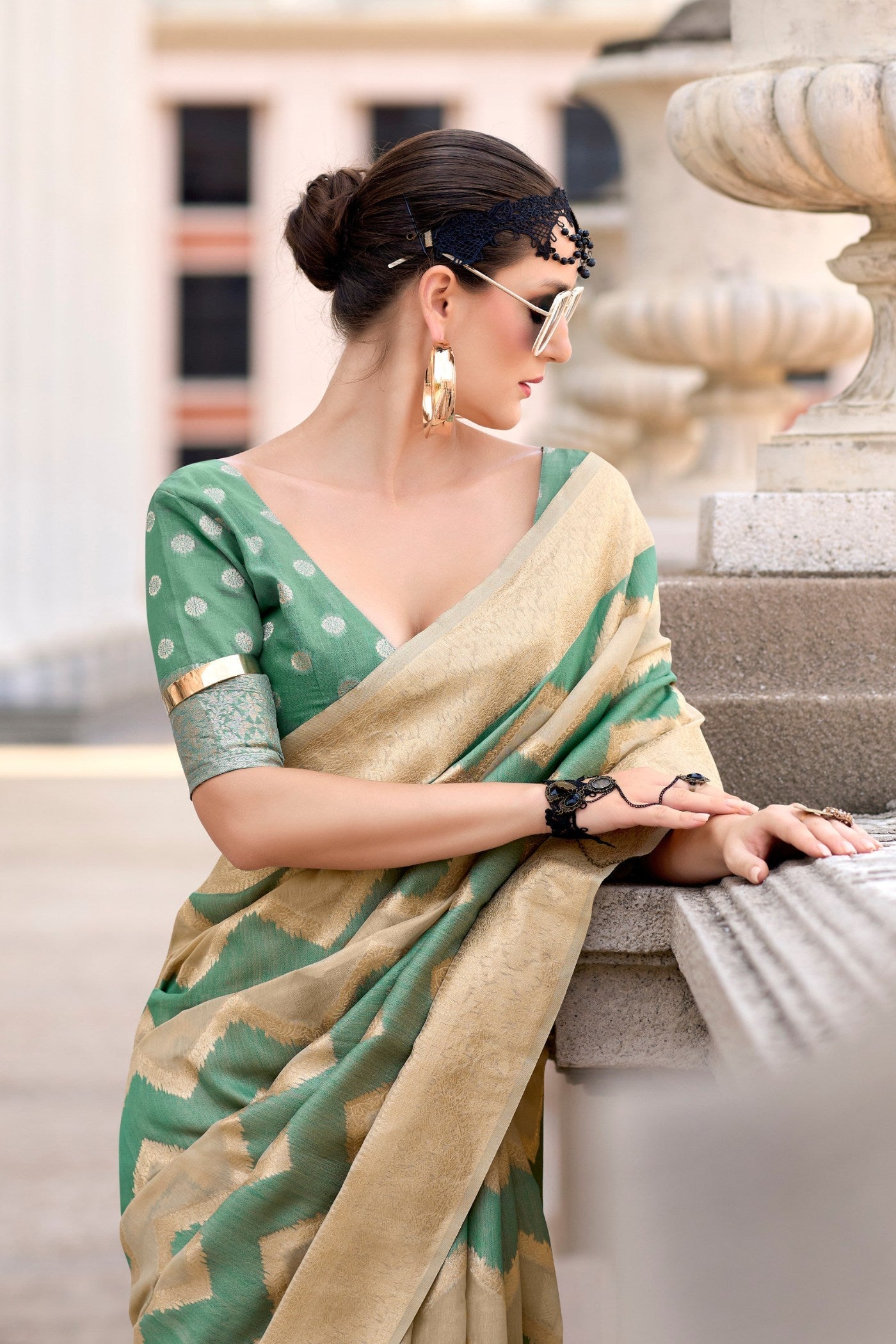 Cactus Green Woven Linen Cotton Saree