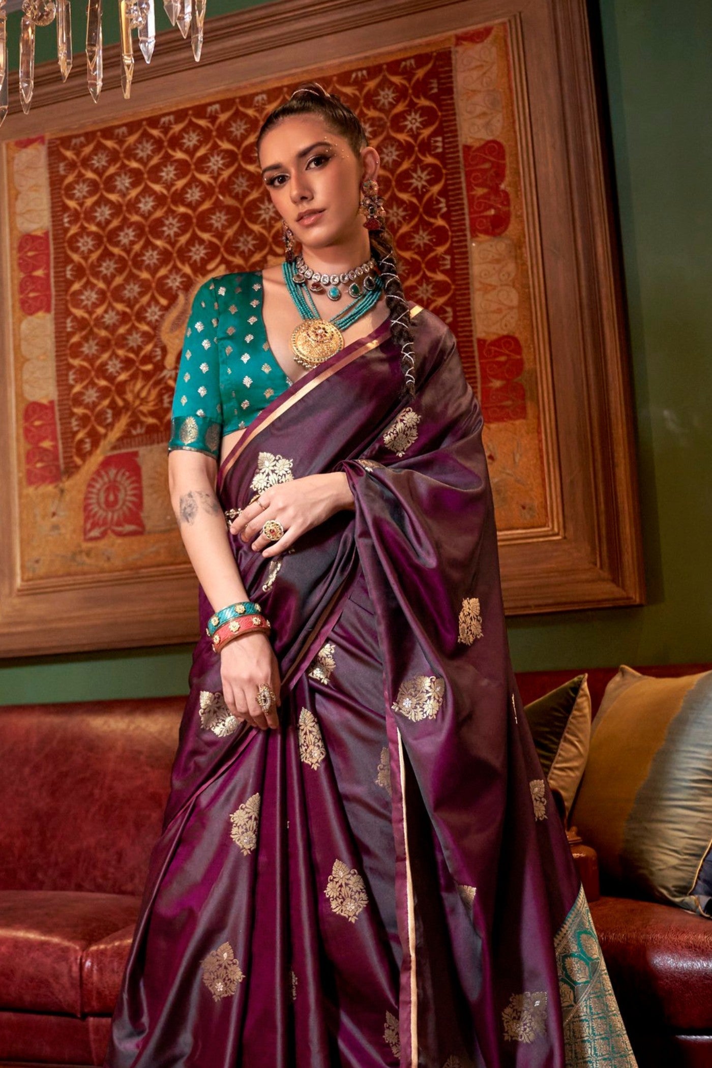 Brown Derby Banarasi Satin Saree