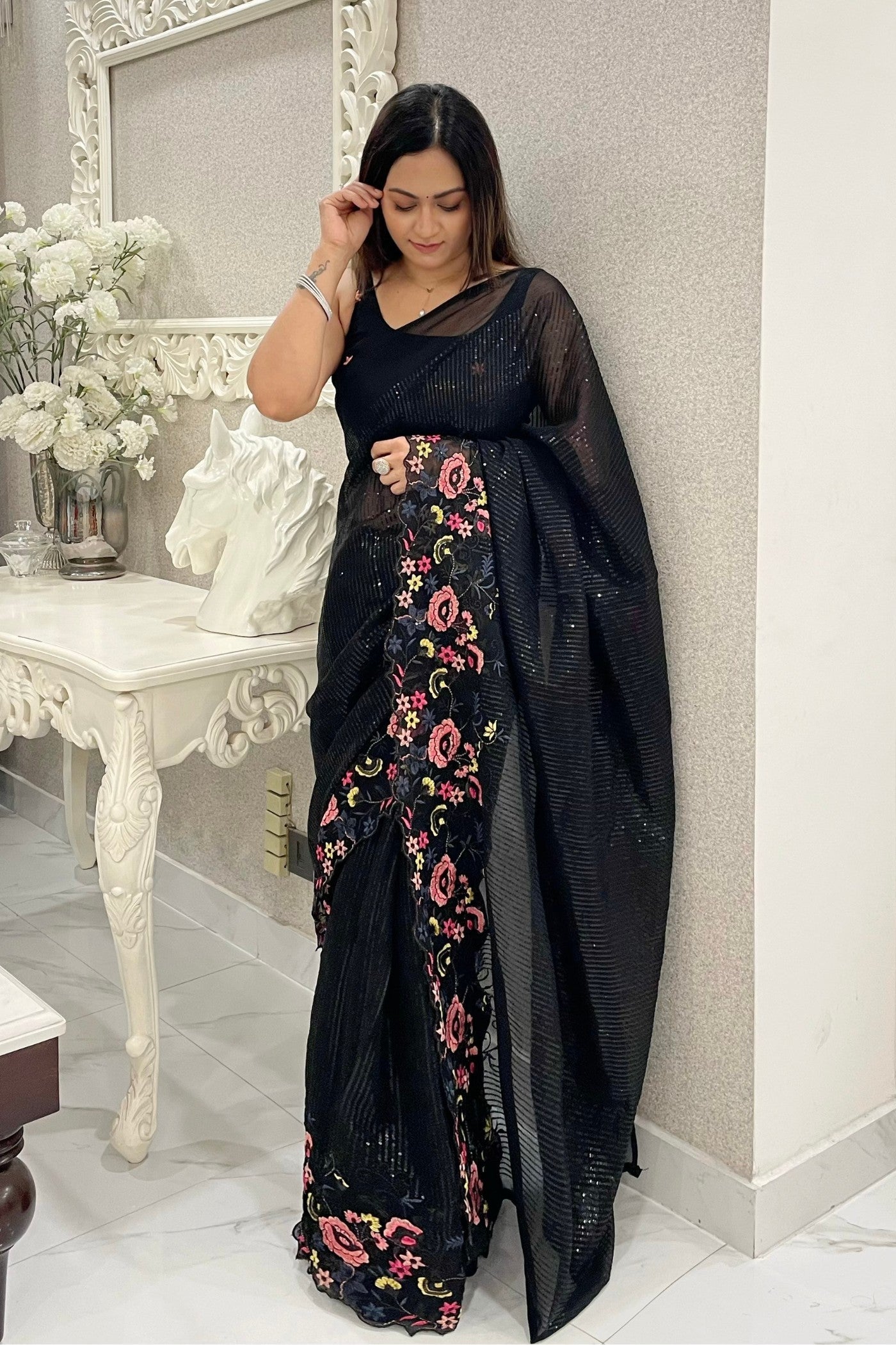 Obsidian Black Embroidered Partywear Saree