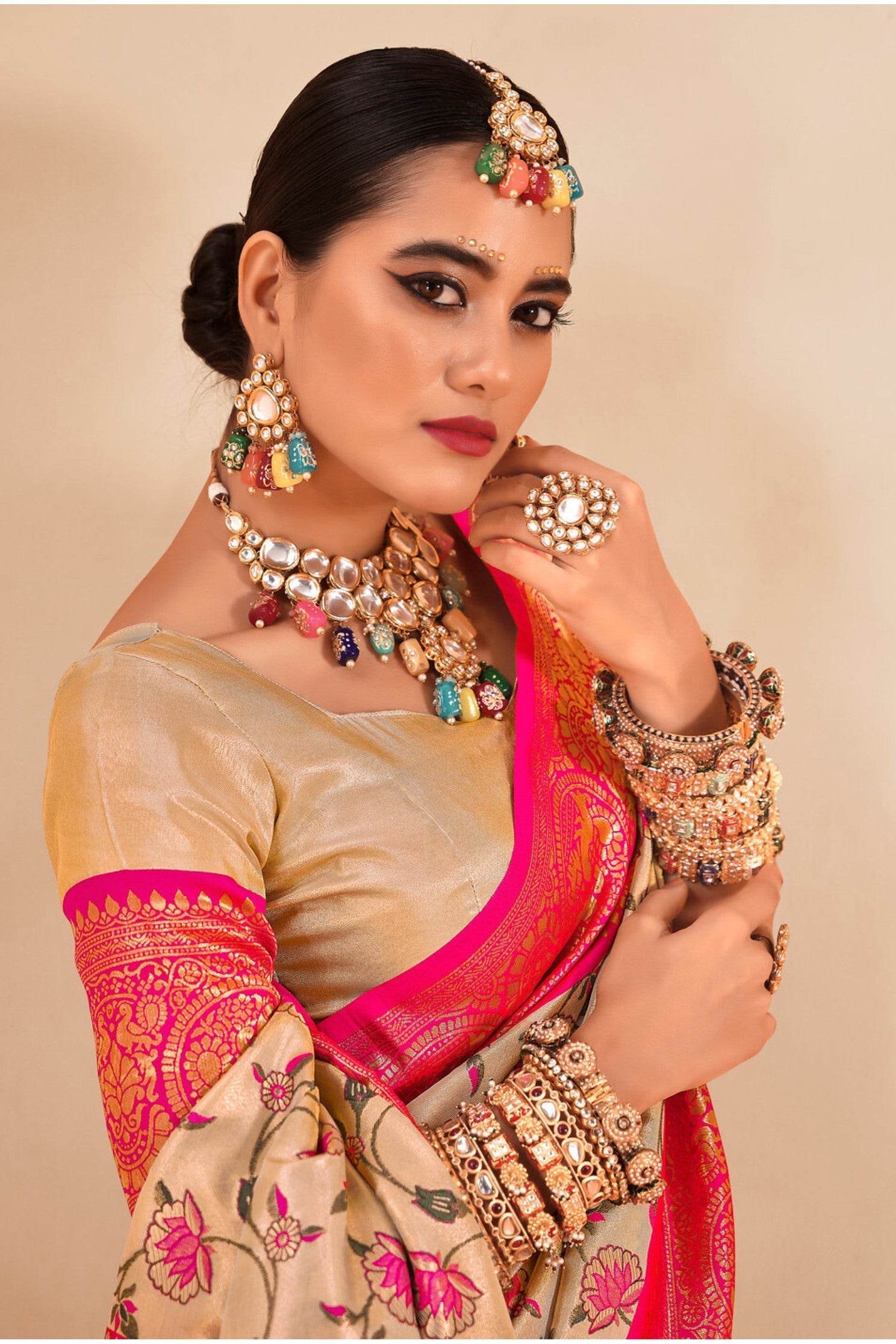 Negroni Cream and Pink Zari Woven Banarasi Saree