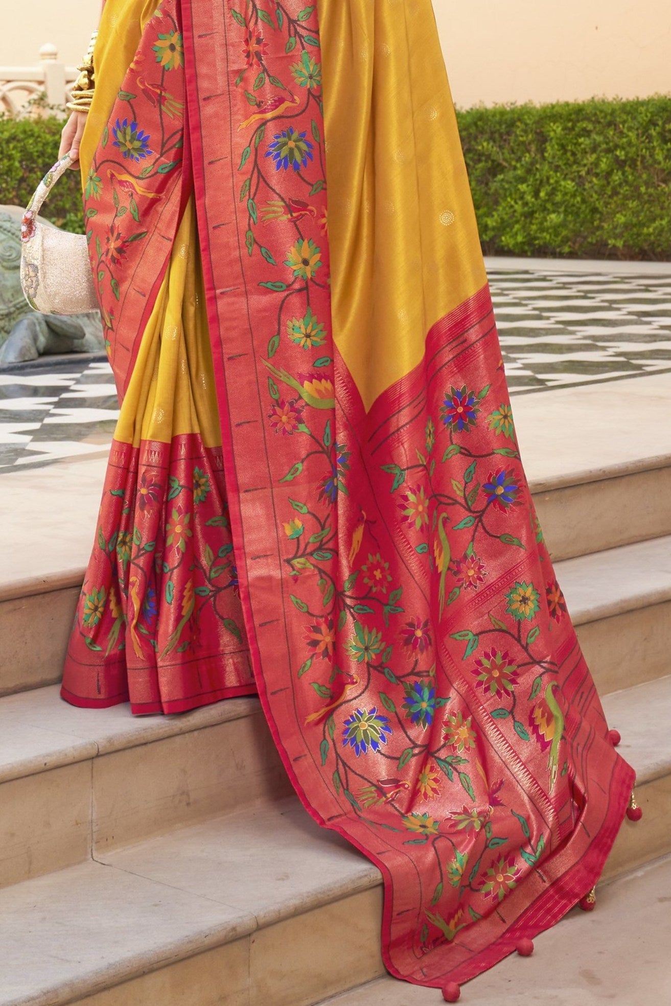 Mustterd Yellow and Red Woven Paithani Designer Saree