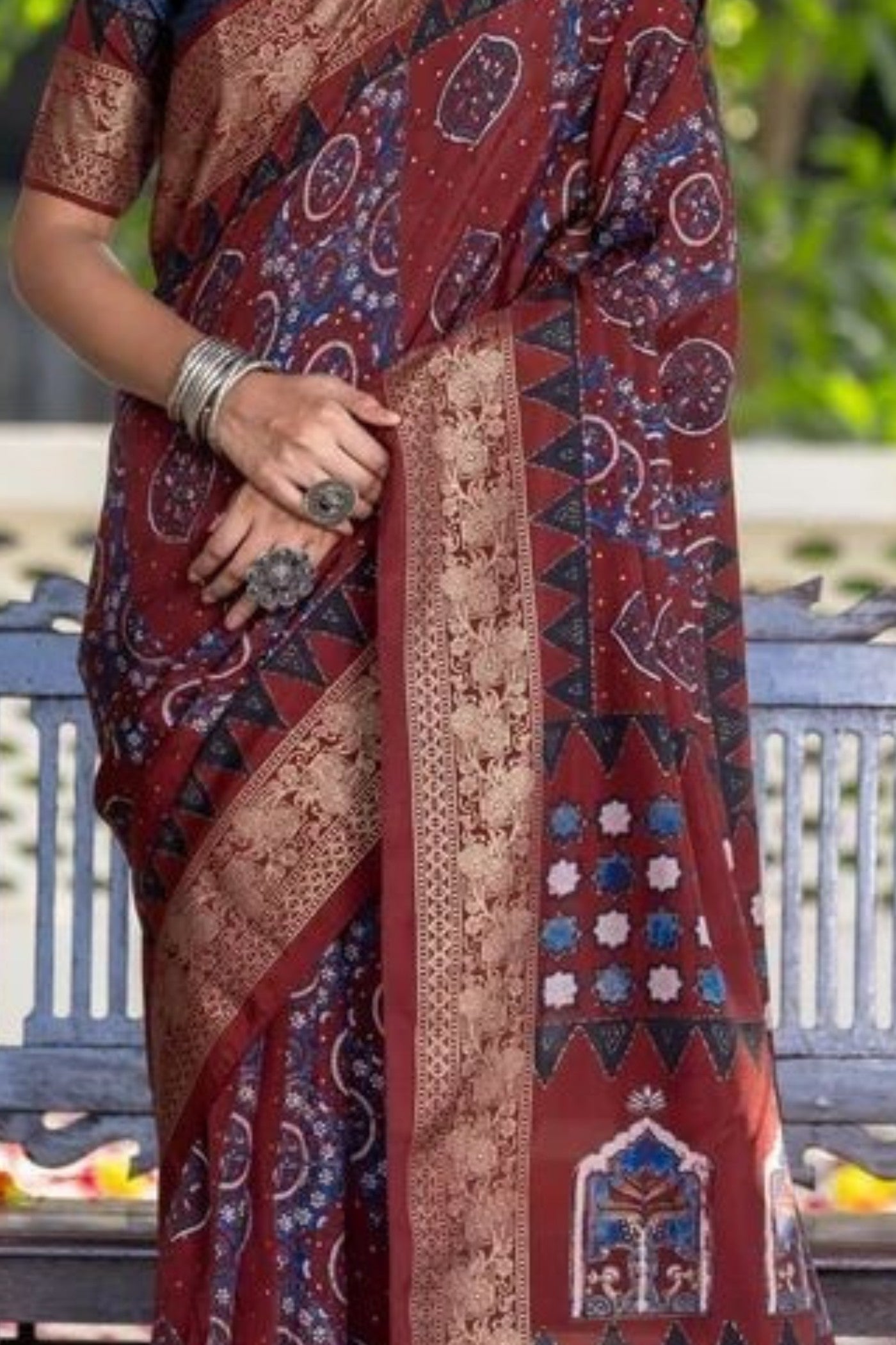 Walnut Brown Ajrakh Digital Printed Satin Saree