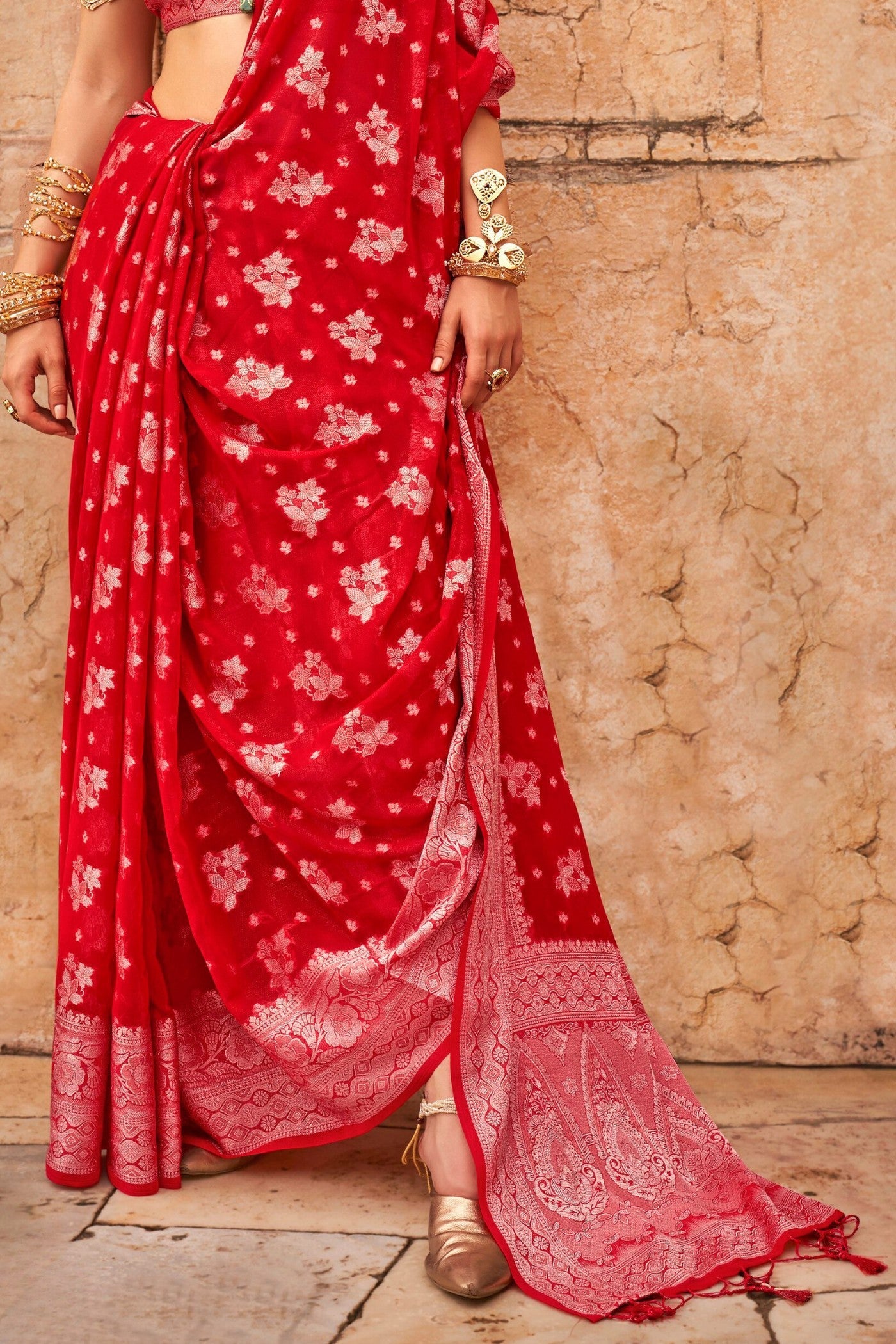 Thunderbird Red Zari Woven Georgette Saree