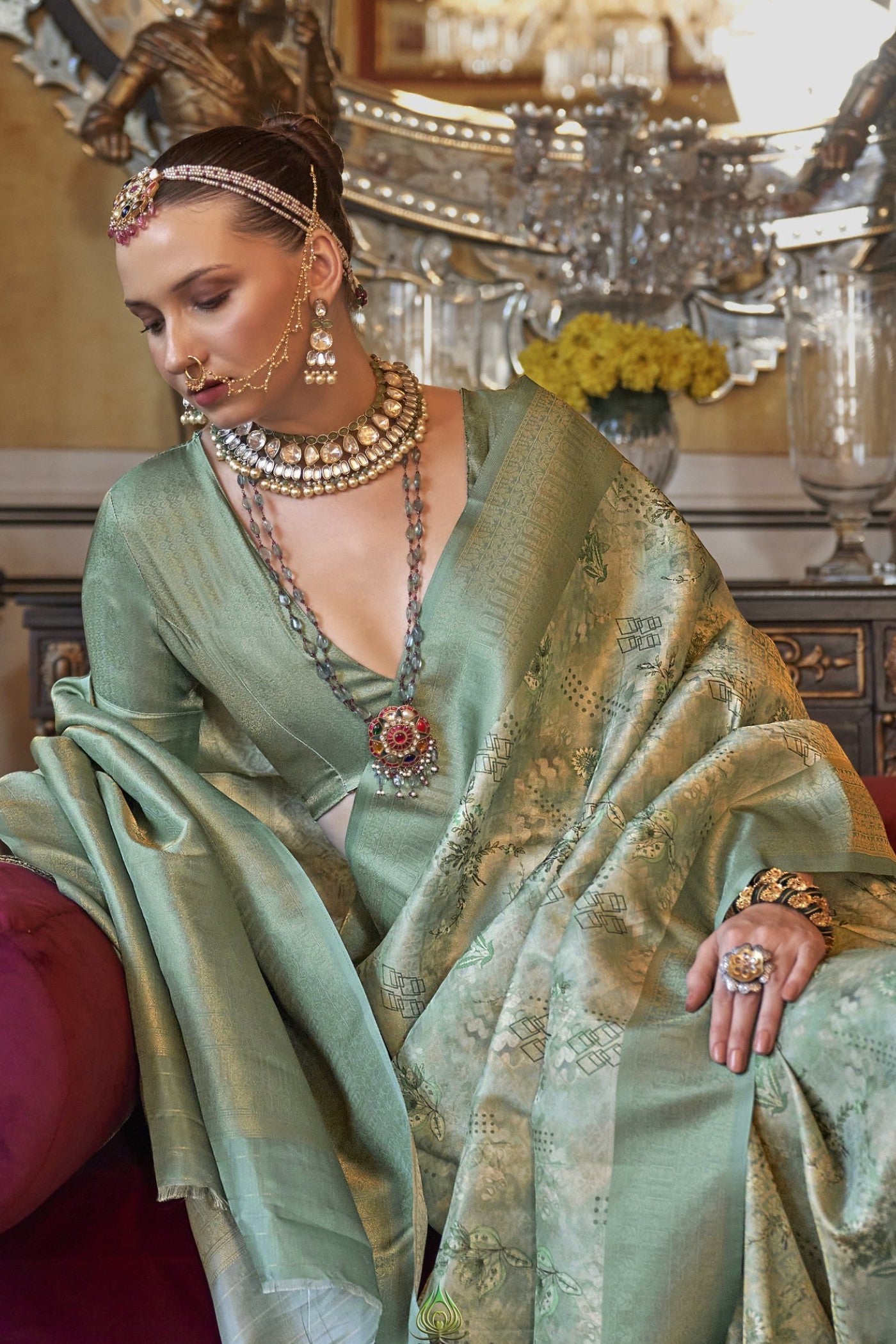 Hillary Green Tussar Banarasi Digital Printed Saree