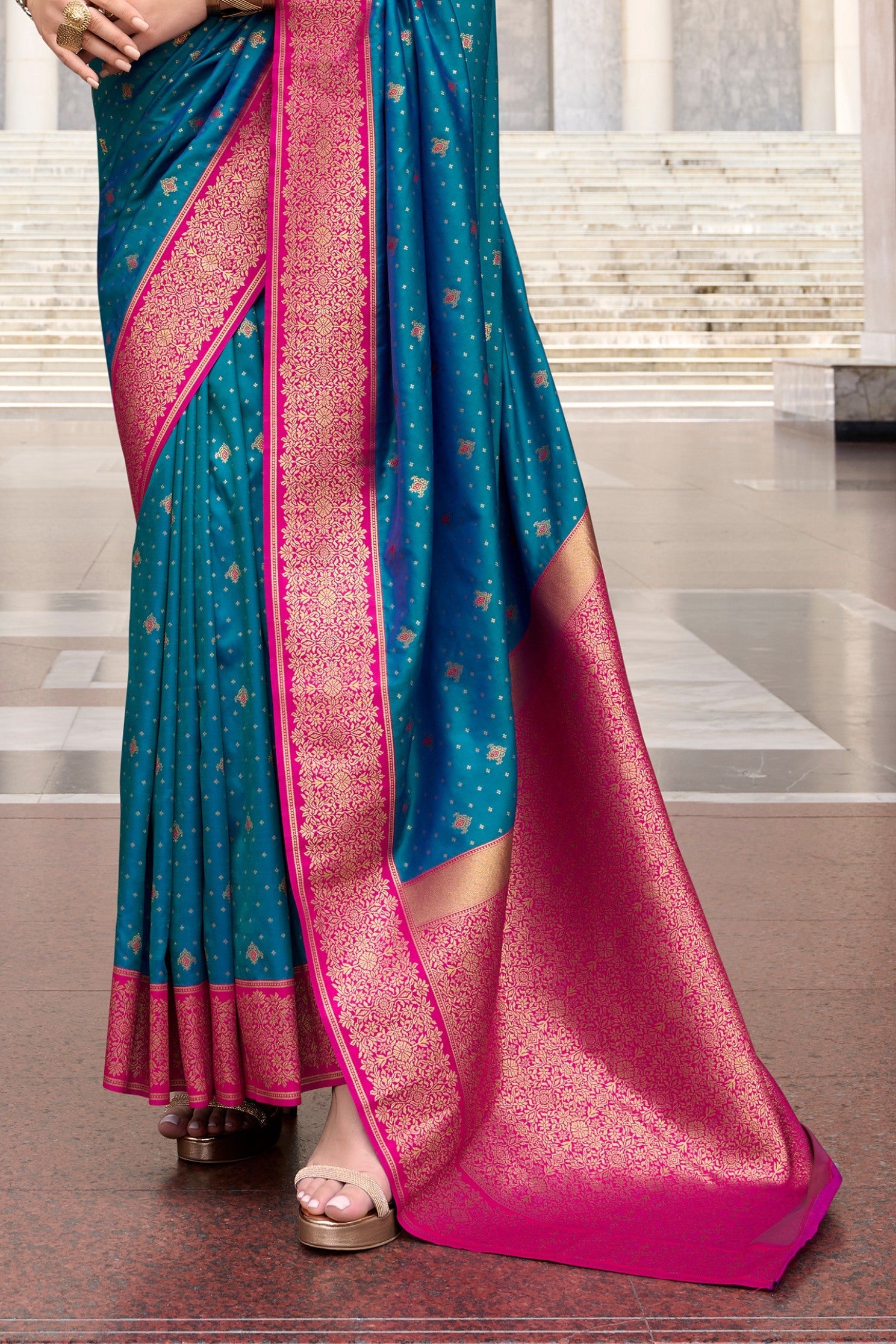 Metallic Blue Zari Woven Banarasi Soft Silk Saree