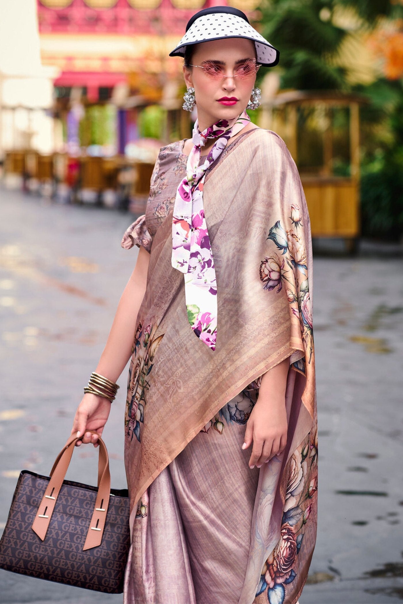 Quicksand Brown Printed Satin Crepe Silk Saree