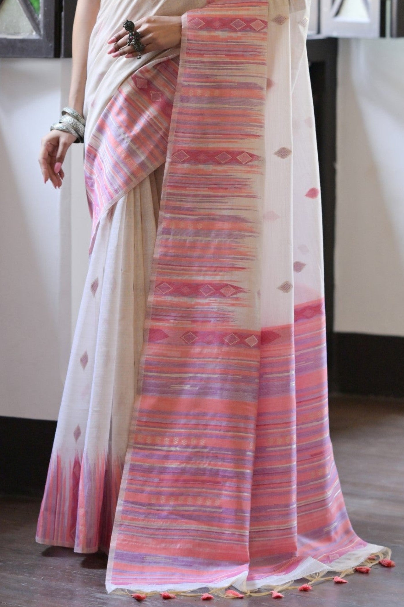 Snow White and Pink Muga Cotton Saree