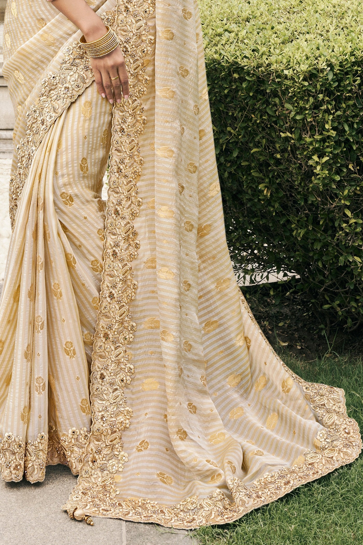 Cameo Cream Banarasi Designer Embroidered Saree