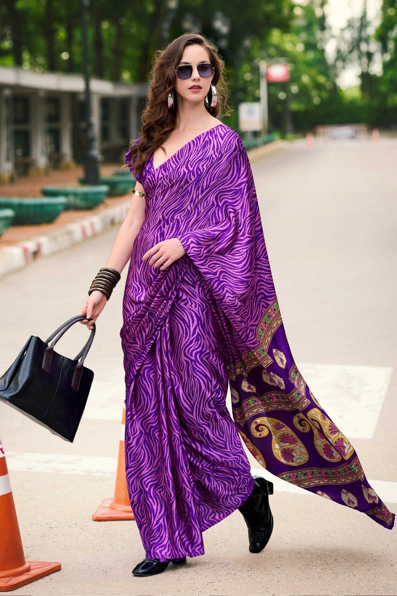 Violet Purple Printed Satin Crepe Saree