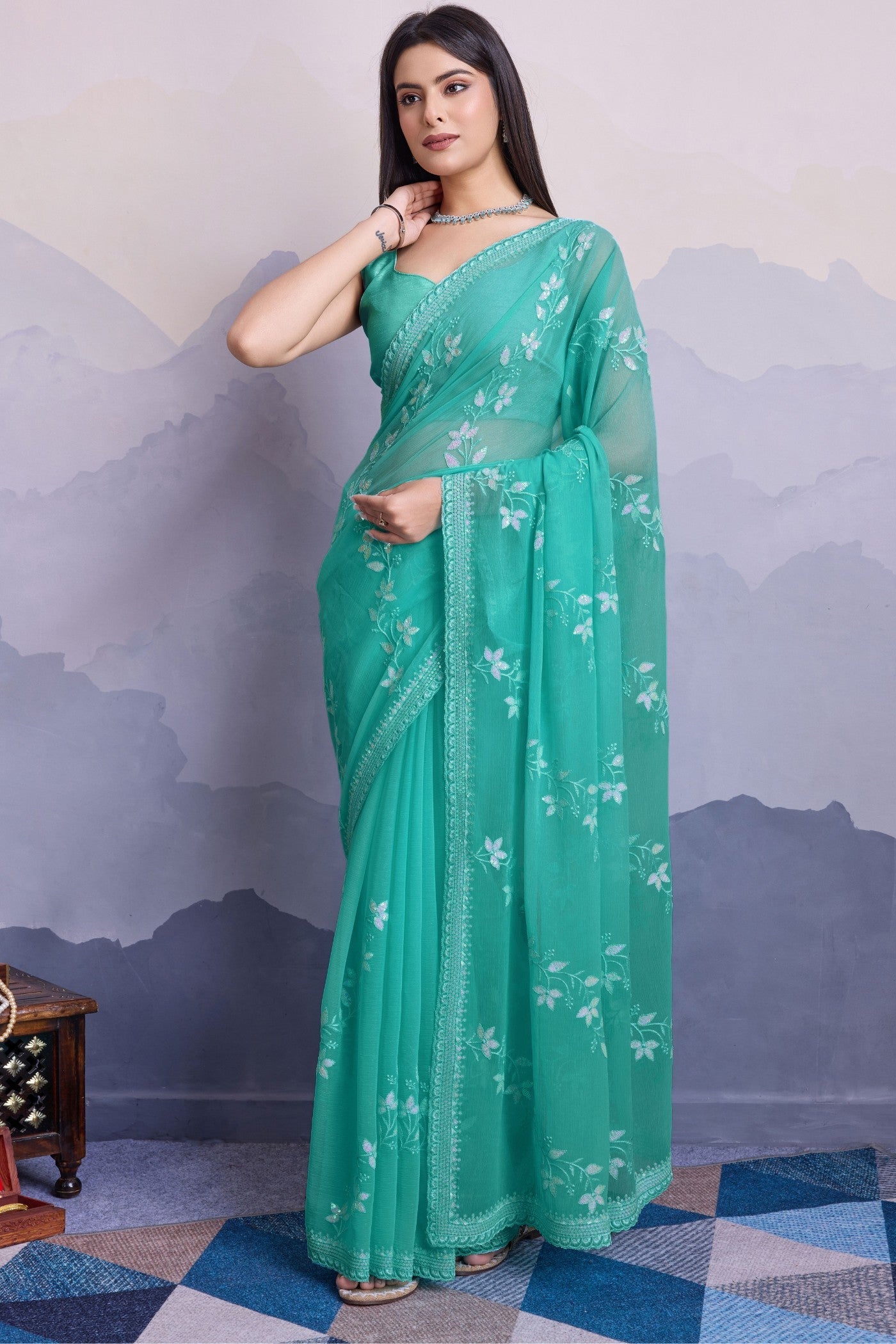 Fancy Green Embroidered Designer Chiffon Saree