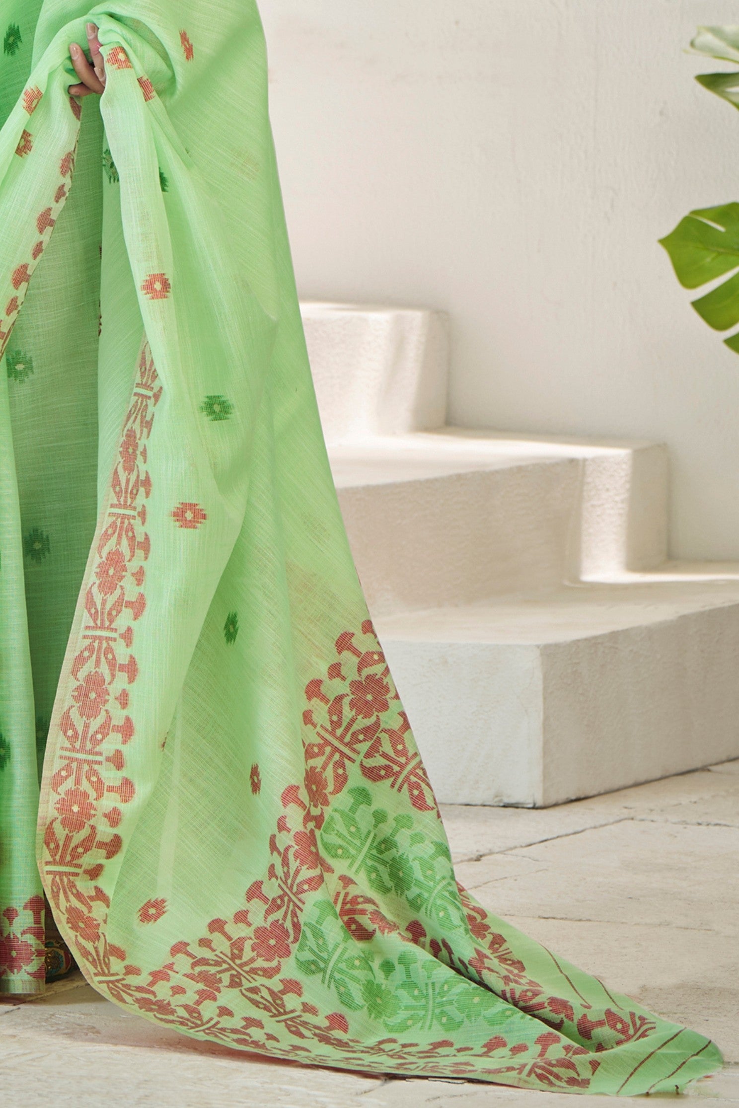 Feijoa Green Woven Linen Saree