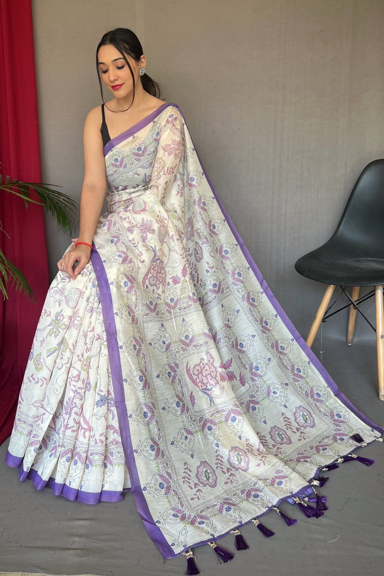 Lily Purple and White Printed Cotton Saree