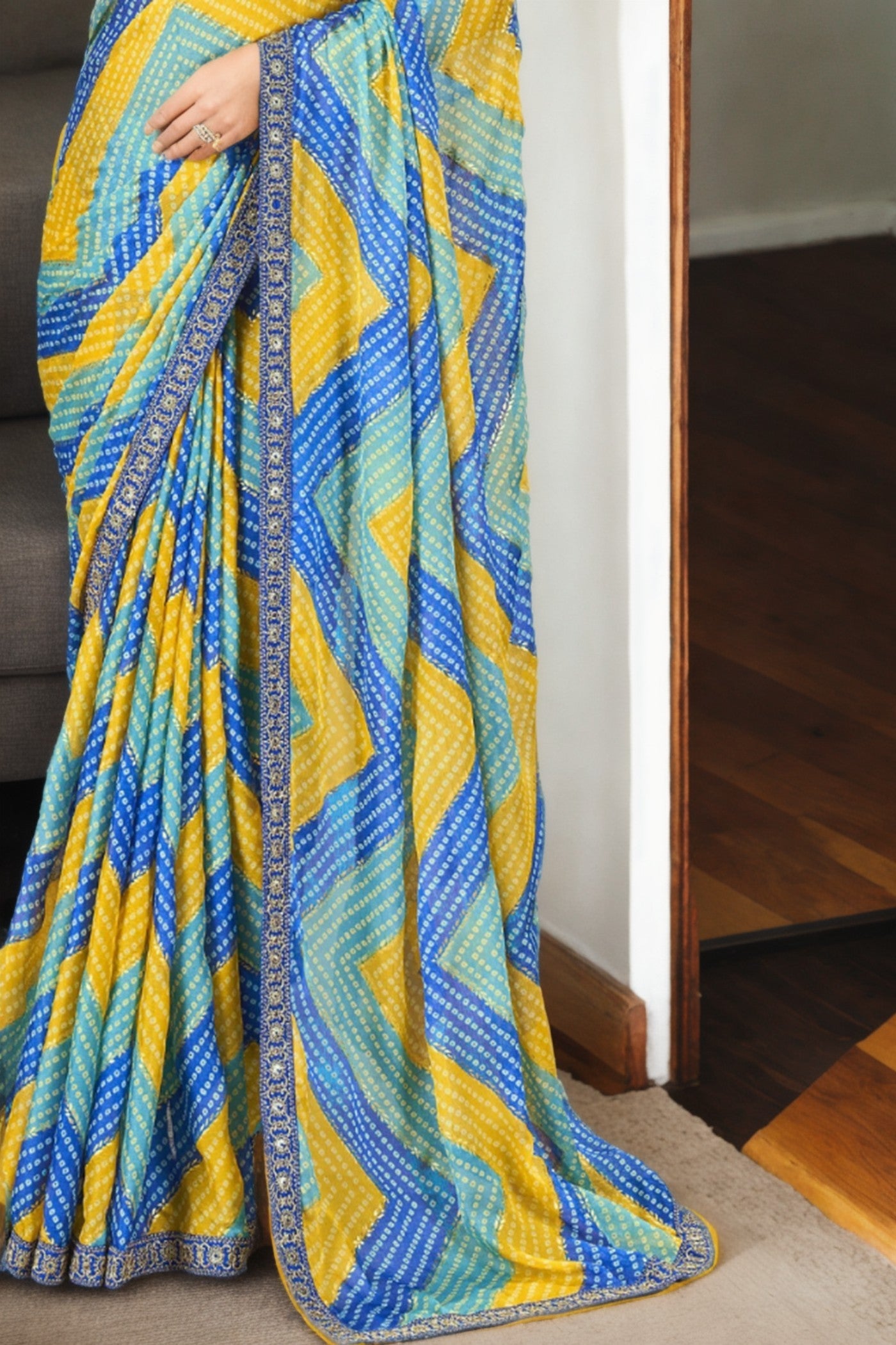 Azure Blue and Yellow Bandhani Digital Printed Silk Saree