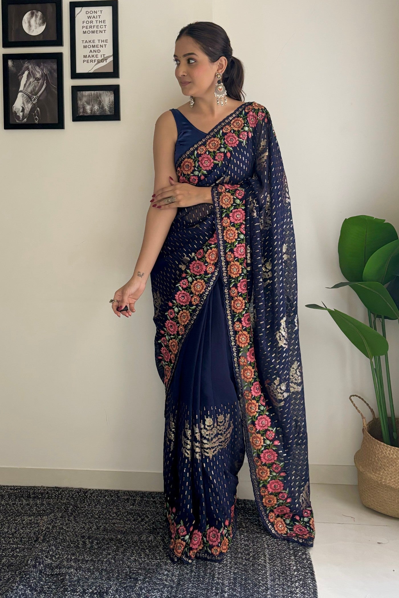 Navy Blue Embroidery Designer Georgette Saree