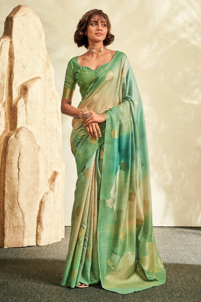 Asparagus Green Banarasi Handloom Khadi Silk Saree