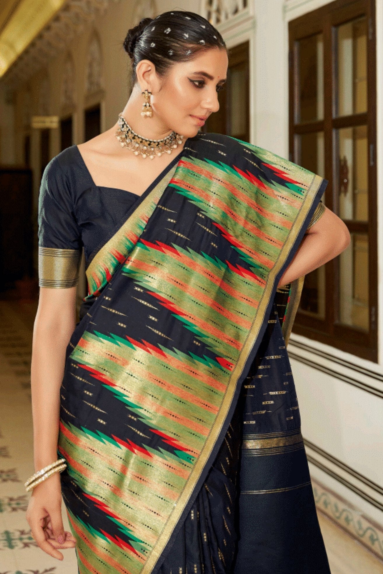 Ink Black Woven Tussar Silk Saree