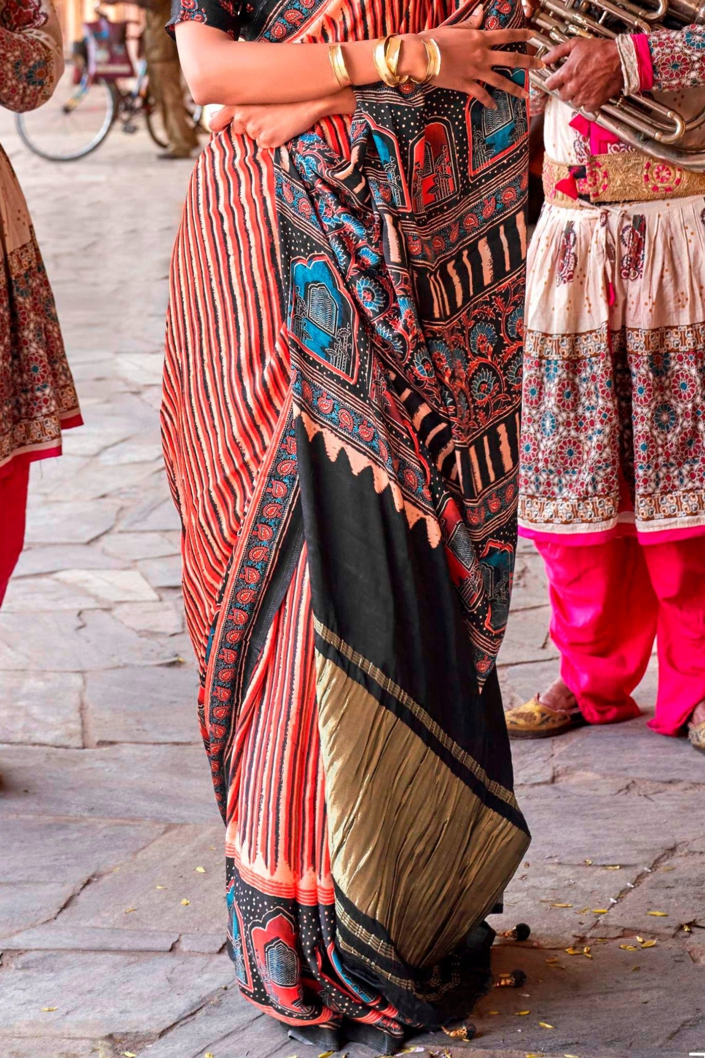 New York Peach Ajrakh Handprinted Satin Saree