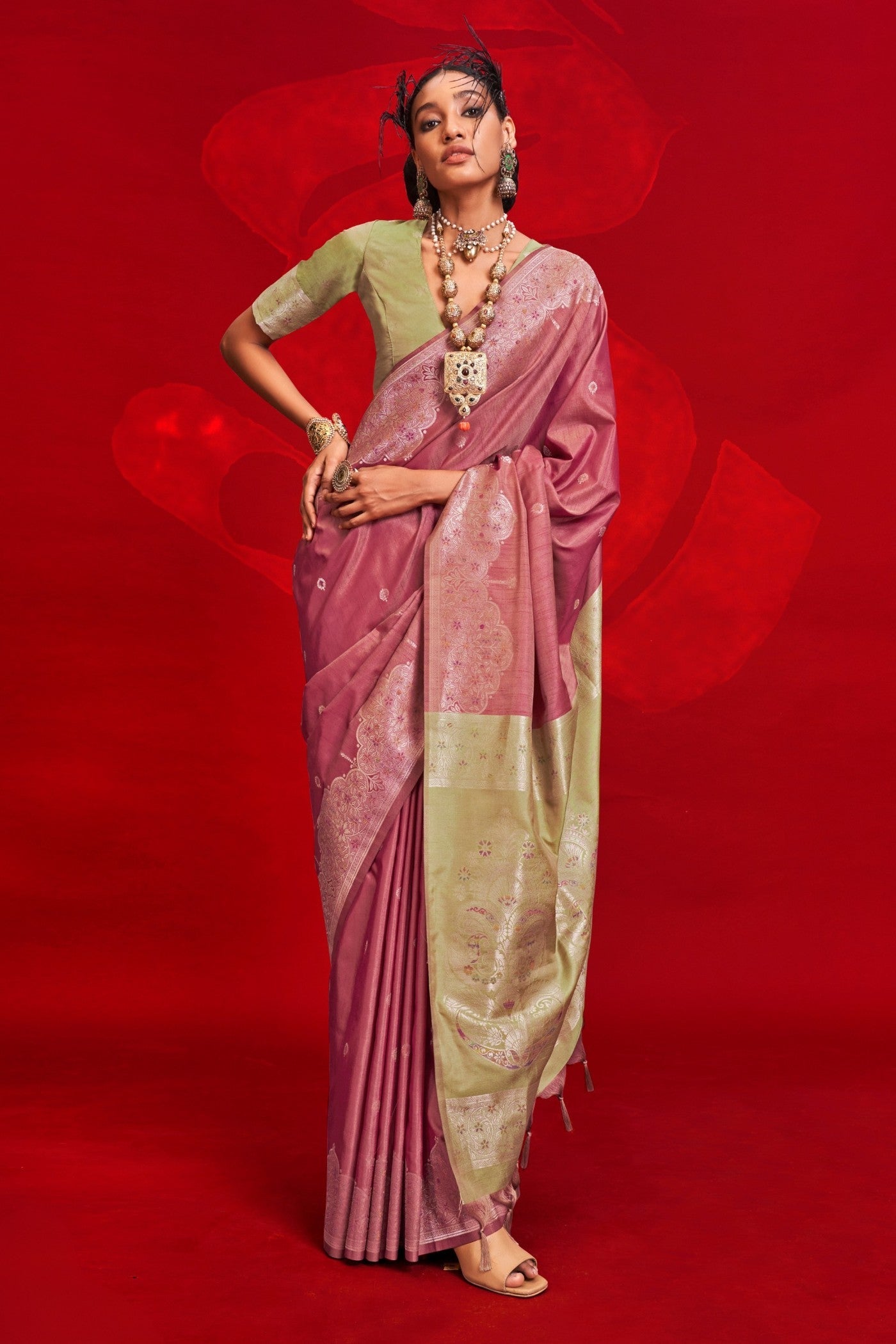 Shimmering Blush Pink Tussar Handloom Silk Saree