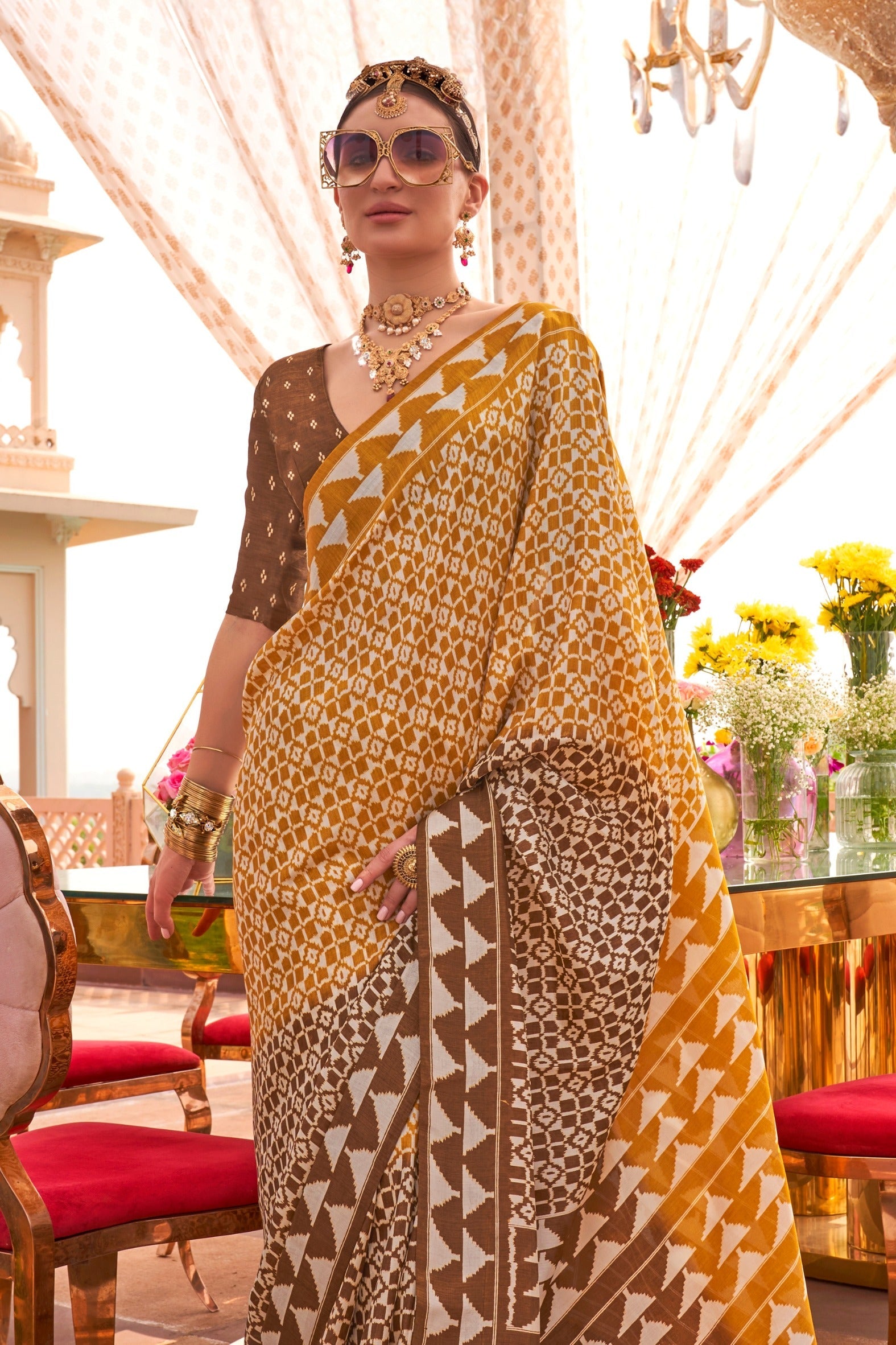 Pale Copper Yellow Printed Patola Saree