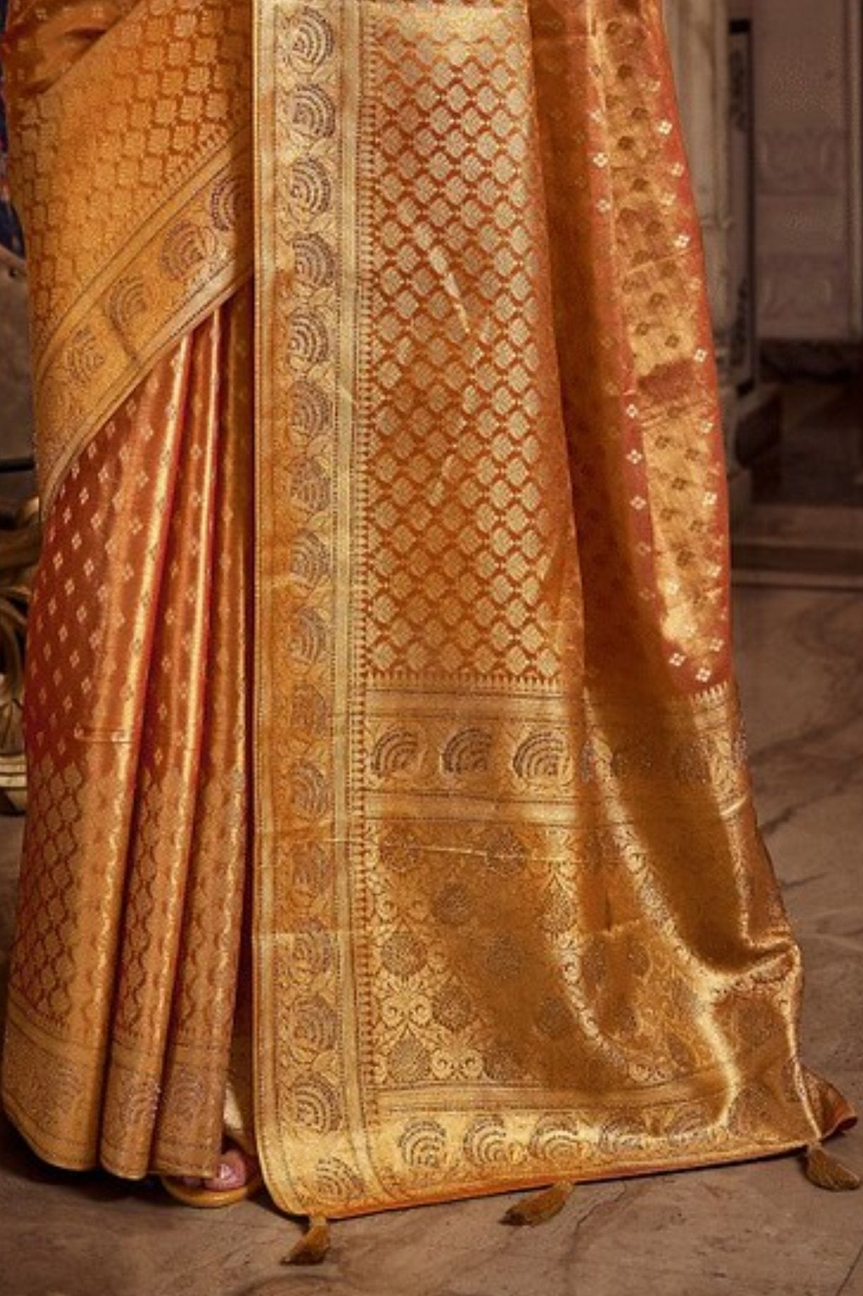 Raw Sienna Orange Zari Woven Banarasi Saree