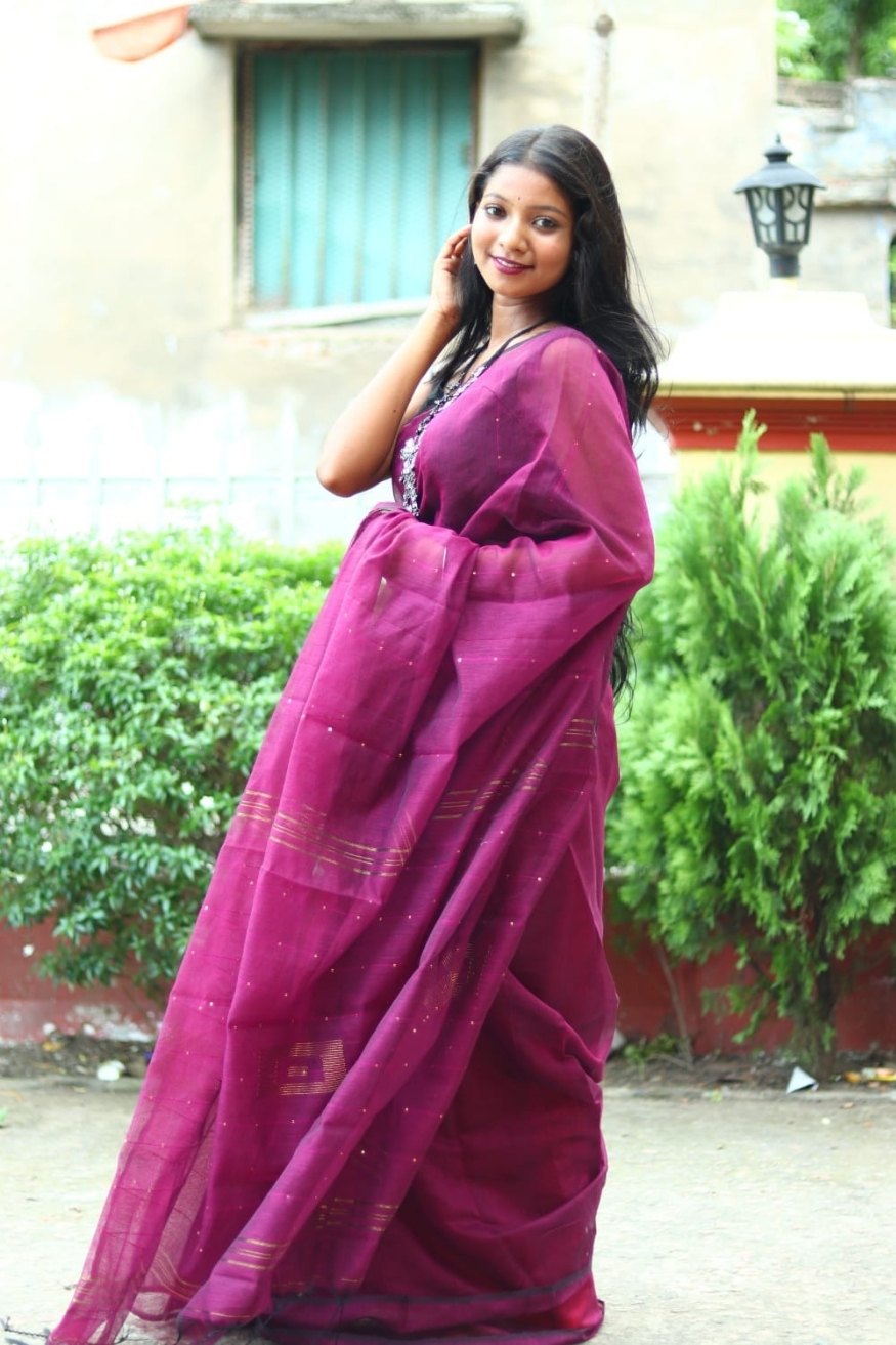 Berry Purple Cotton Sequence Chumki Saree