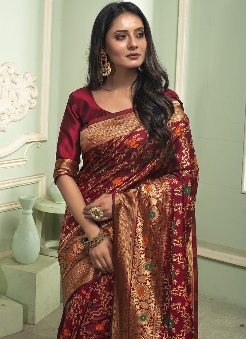 Woven Art Silk Jacquard Saree in Maroon