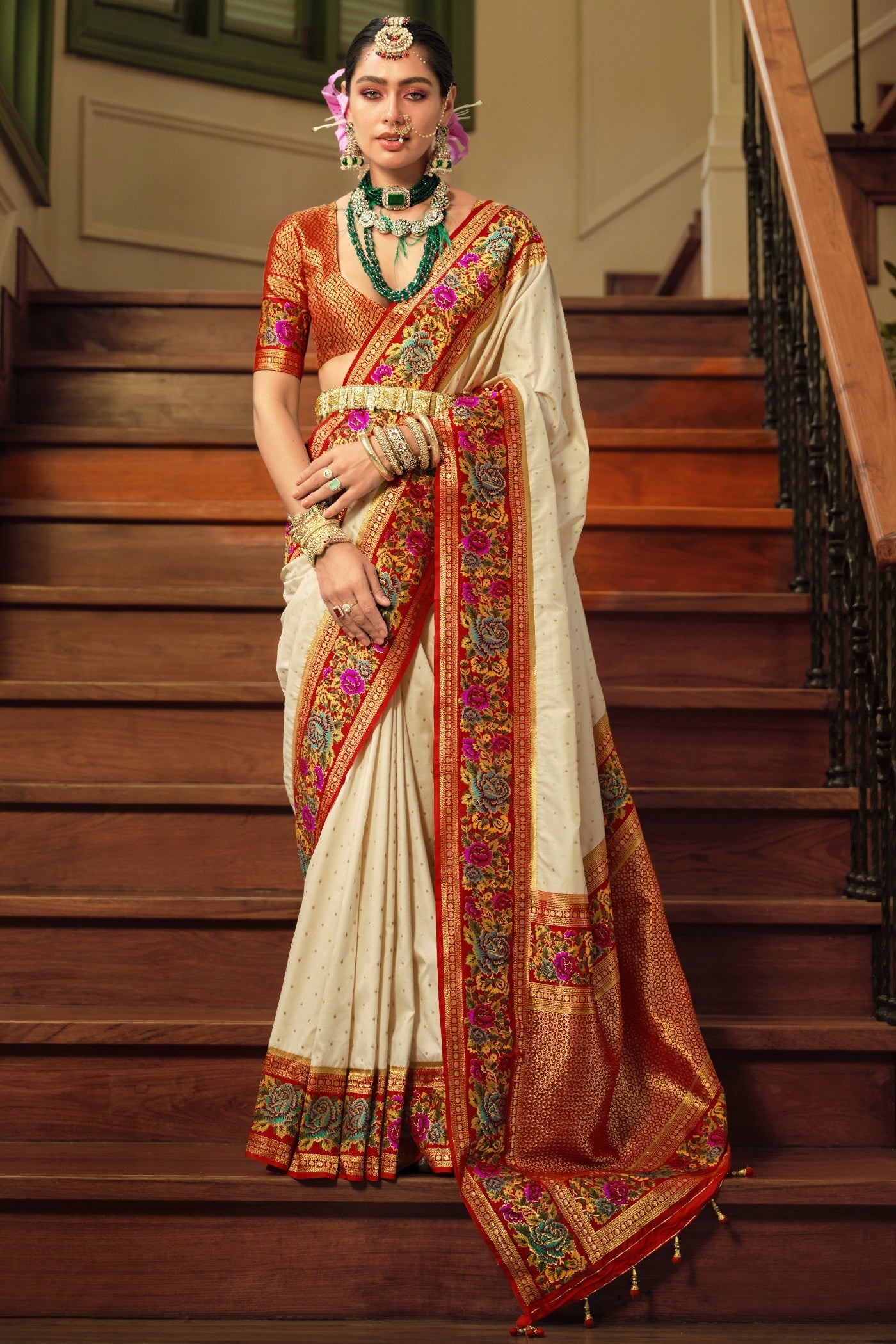 Chamois Cream Printed Banarasi Saree