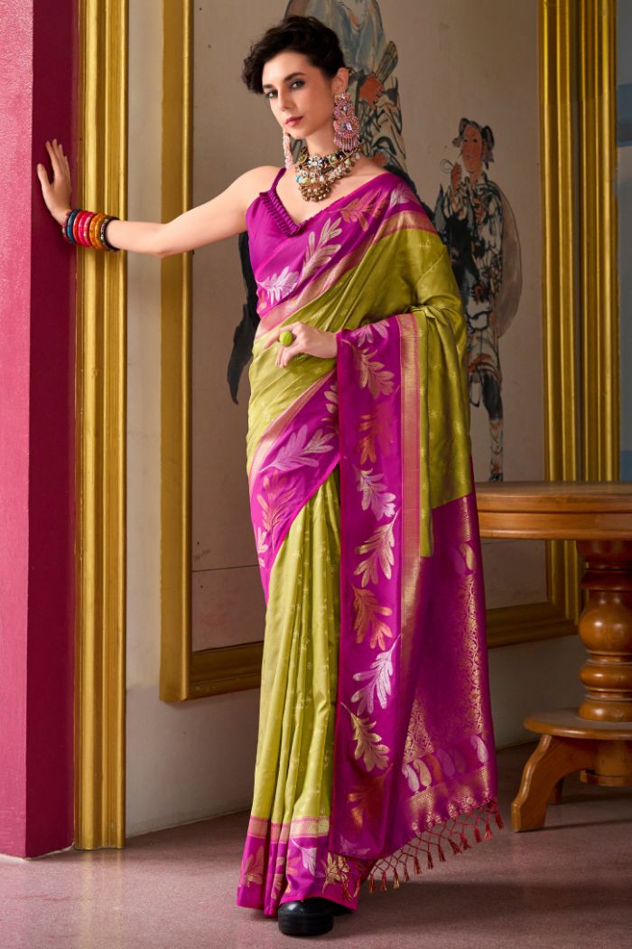 Pesto Green and Pink Banarasi Soft Silk Saree