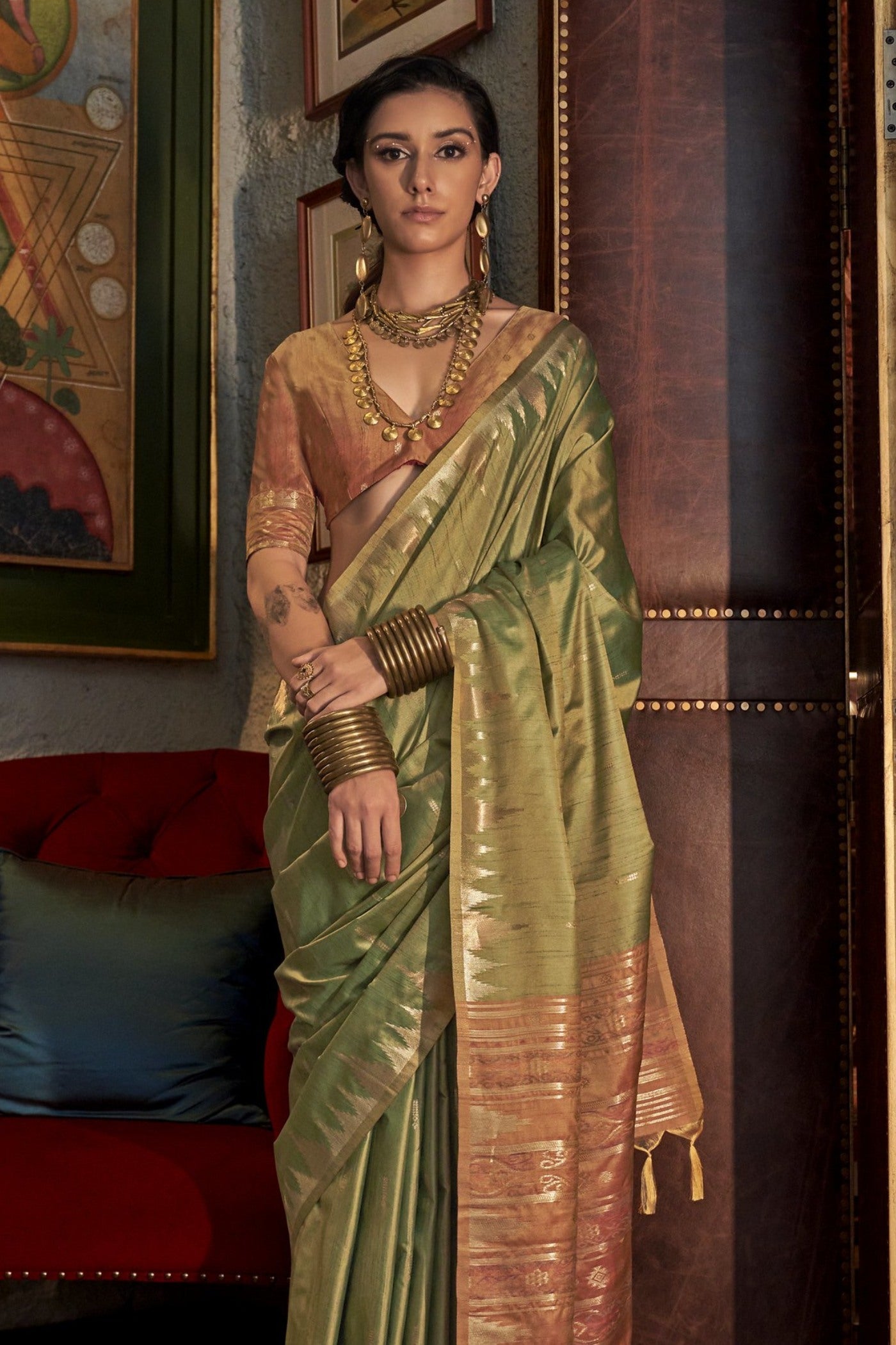 Mineral Green Woven Linen Saree