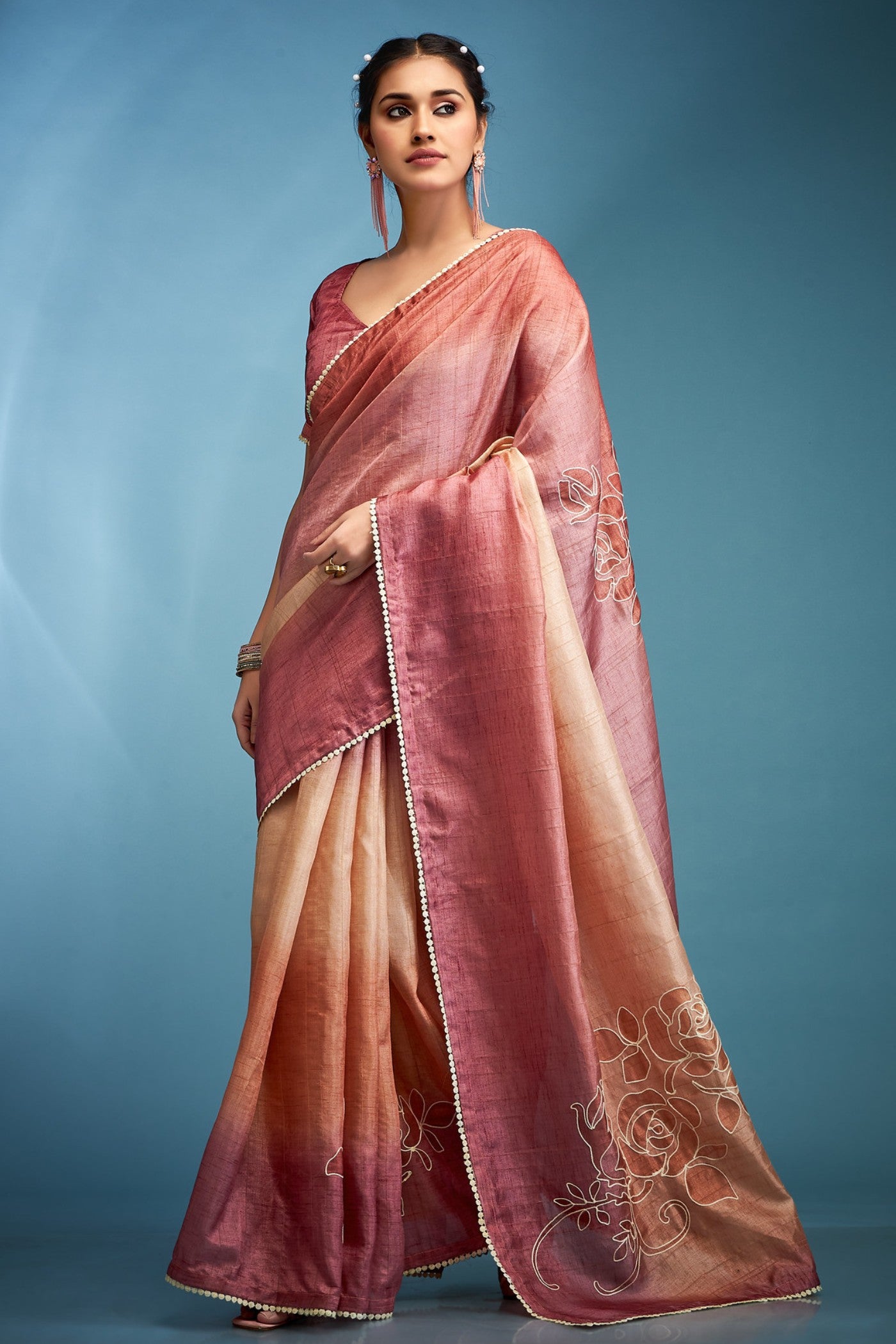 Cosmos Pink Designer Tussar Silk Saree