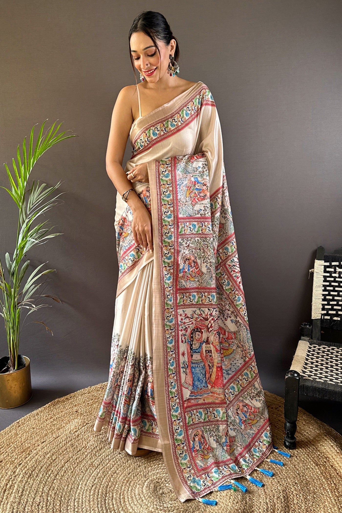 Spanish Cream Madhubani Printed Tussar Silk Saree